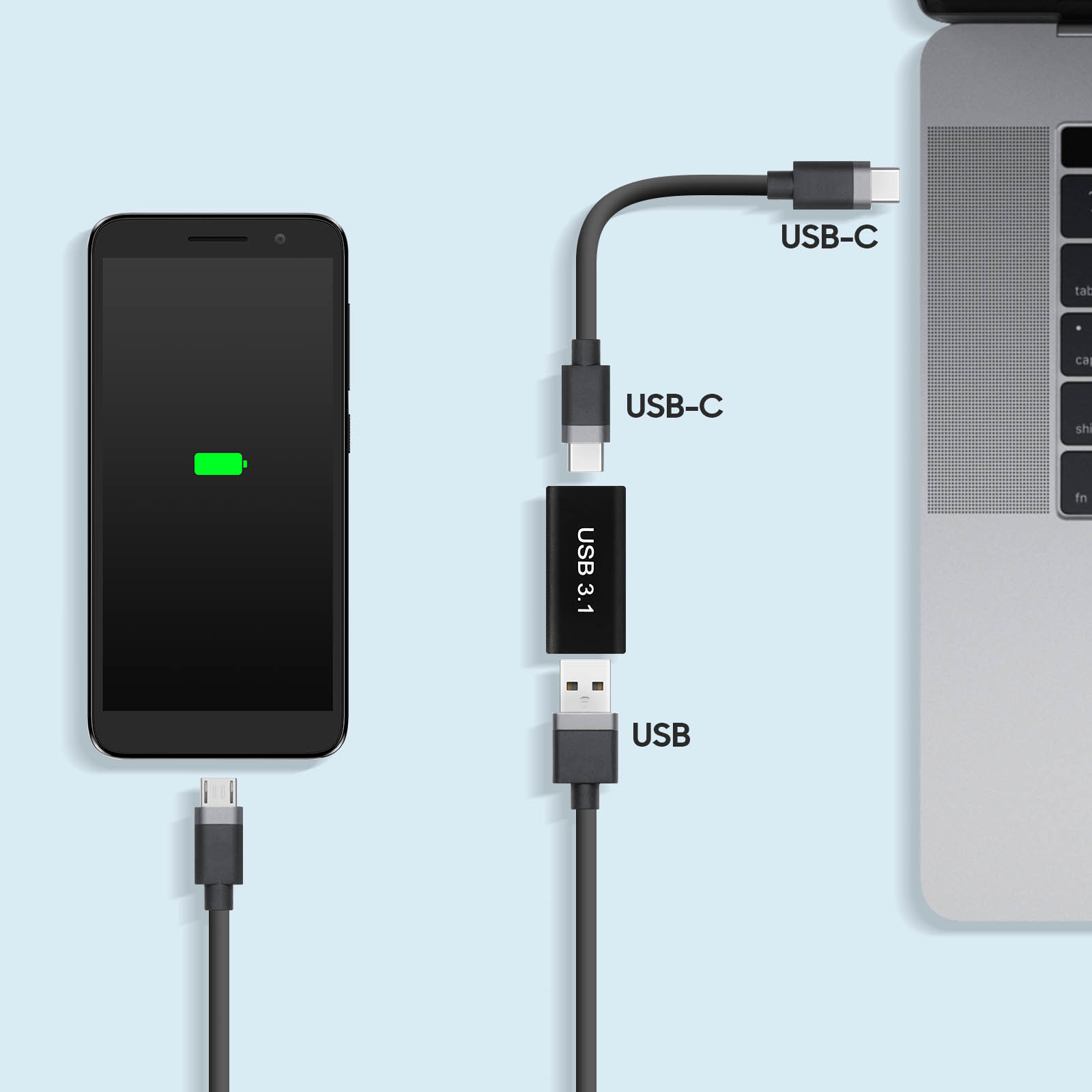 Telefono in carica, collegato a cavo USB-C, poi ad adattatore USB-C a USB-A, poi a laptop.