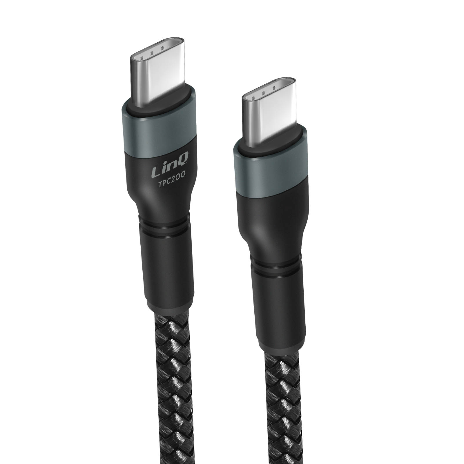 Primo piano di due cavi USB-C neri e grigi con punte argentate, design intrecciato.