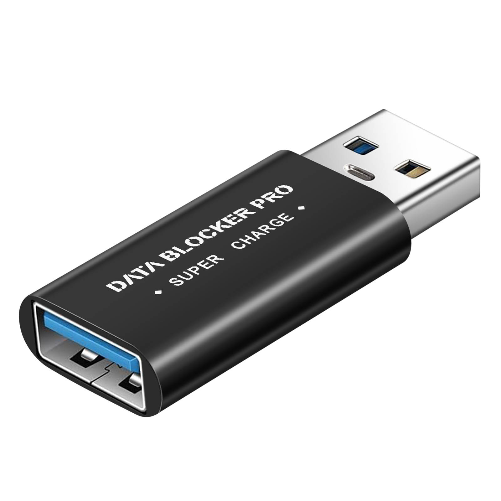 Schwarzer USB-Datenblocker mit blauem USB-Anschluss. Die Worte „DATA BLOCKER PRO SUPER CHARGE“ sind sichtbar.