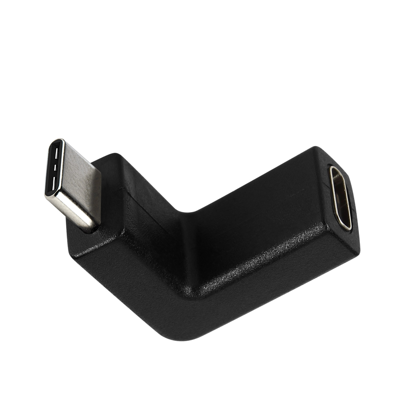 Schwarzer, L-förmiger USB-C-Adapter. Weißer Hintergrund.
