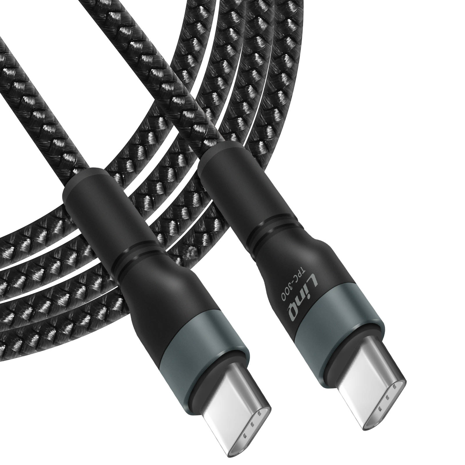 Due cavi USB-C neri con dettagli grigi. Tessuto intrecciato, visibile il marchio Linq.