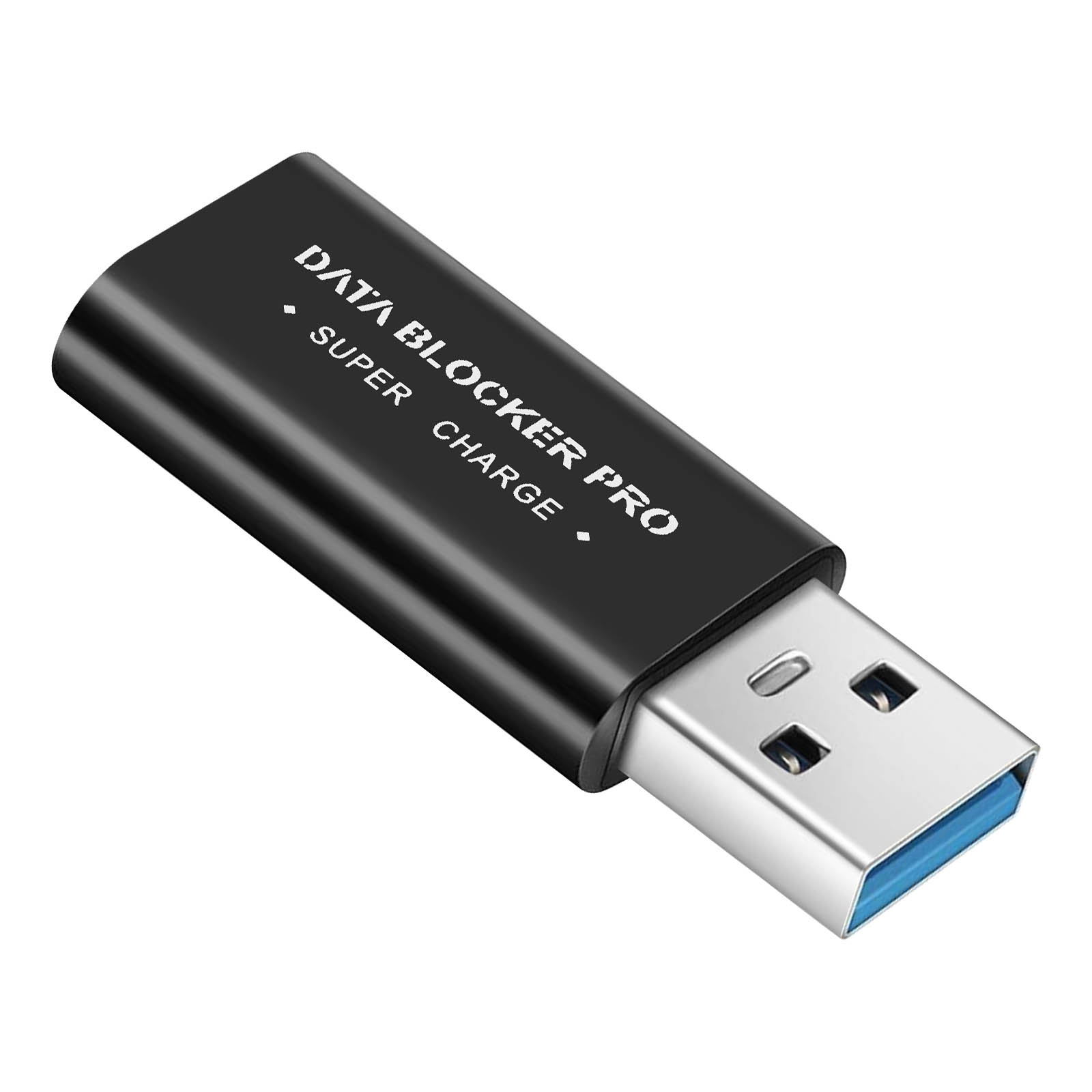 Ein schwarzer USB-Datenblocker. Der Blocker hat einen metallischen USB-Anschluss und Text darauf gedruckt.