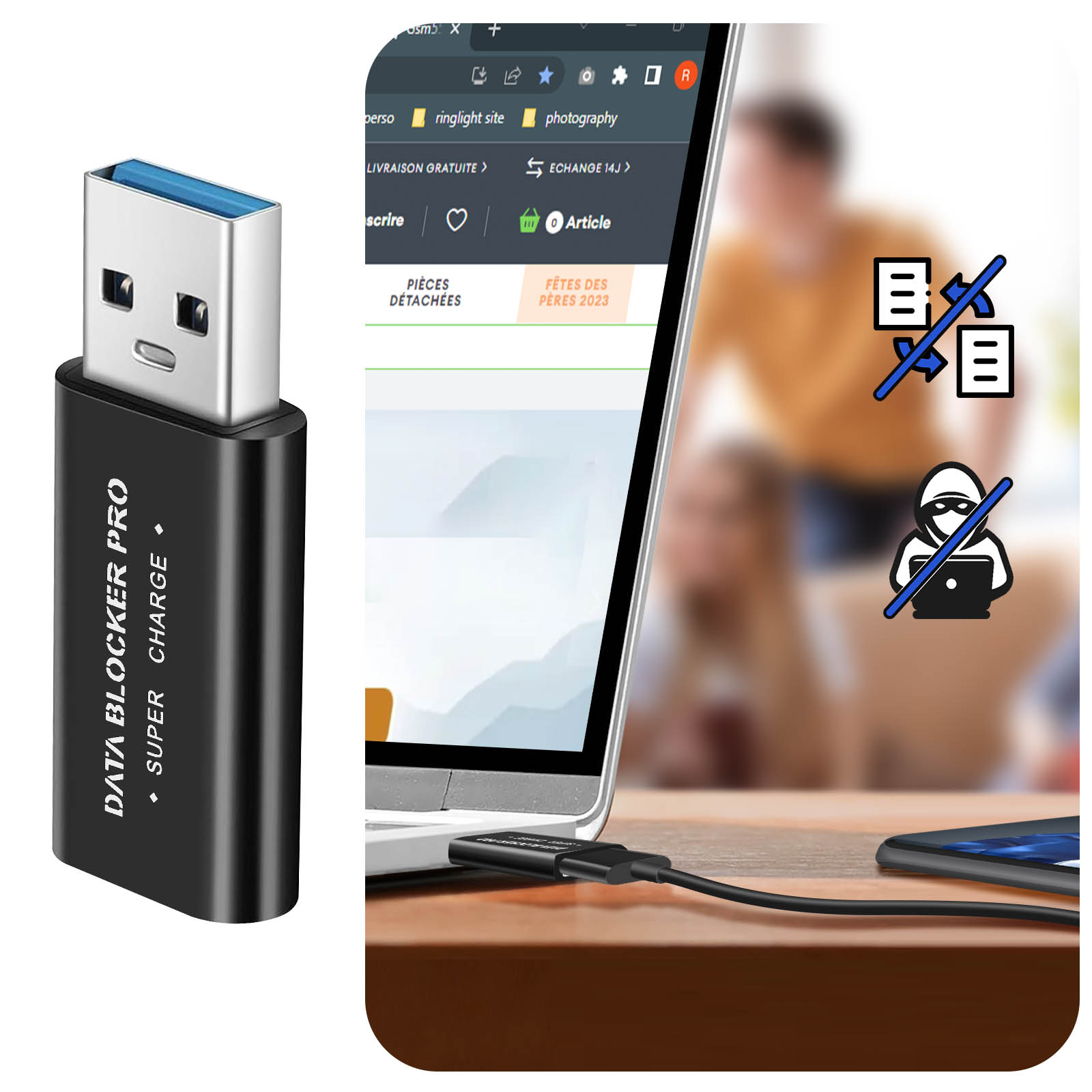 Ein schwarzer USB-Datenblocker mit angeschlossenem Telefon und einem Laptop im Hintergrund, mit Symbolen.