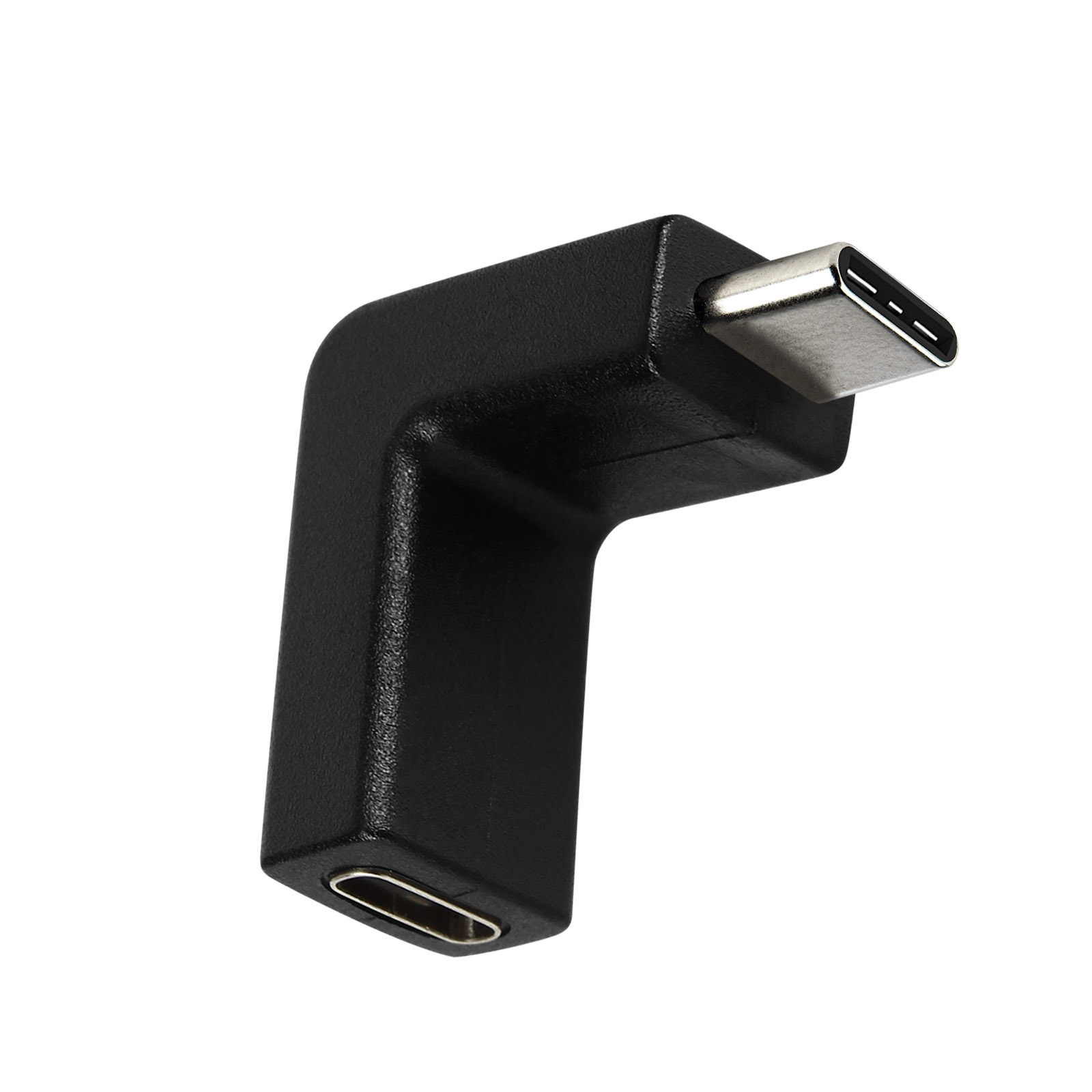 Schwarzer USB-C-Adapter mit 90-Grad-Winkel, mit USB-C-Anschluss und Stecker.