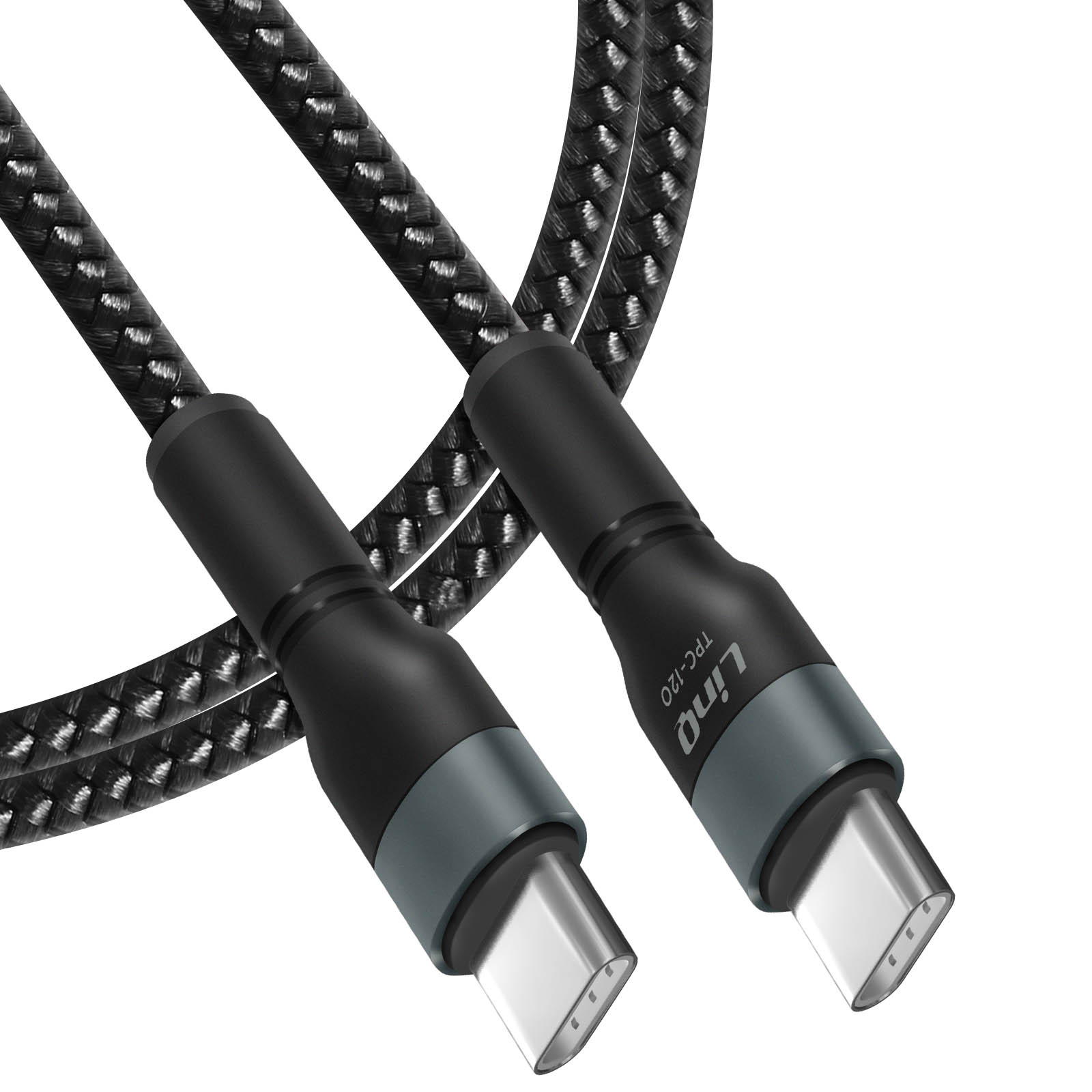 Cavo USB-C nero con dettagli grigi, design intrecciato, due connettori USB-C su bianco.
