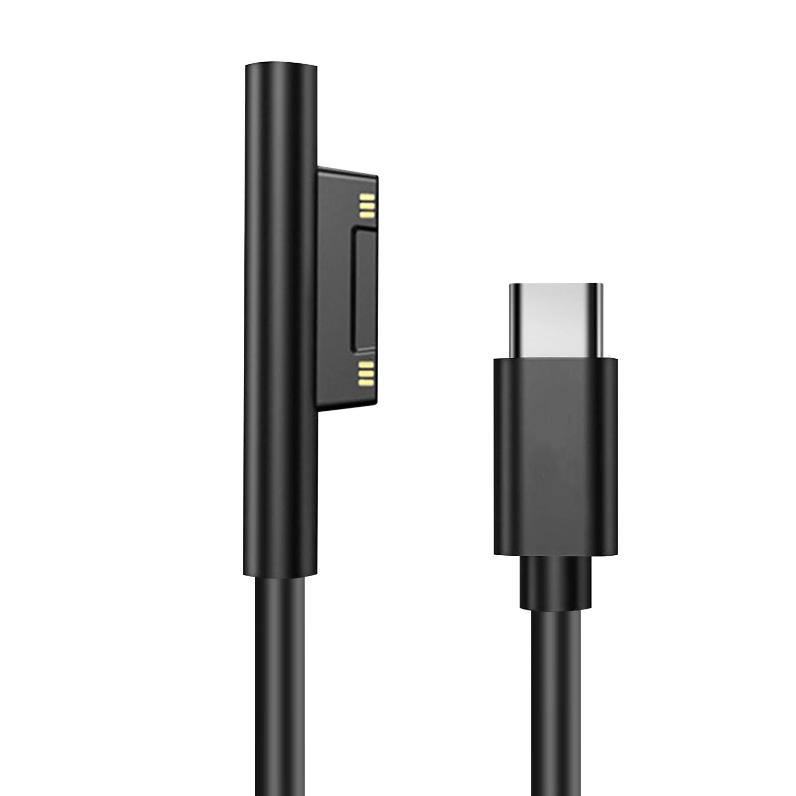 Cavo di ricarica nero con un connettore magnetico su sfondo bianco.