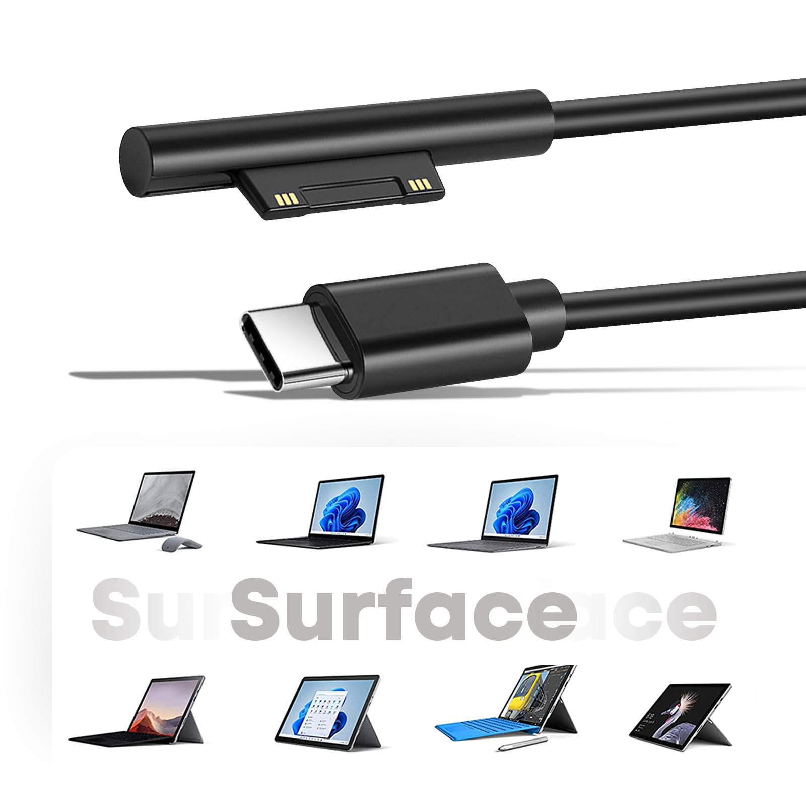 Cavo caricatore nero con due estremità diverse e un laptop con un tablet, con la parola 'Surface' sullo sfondo.