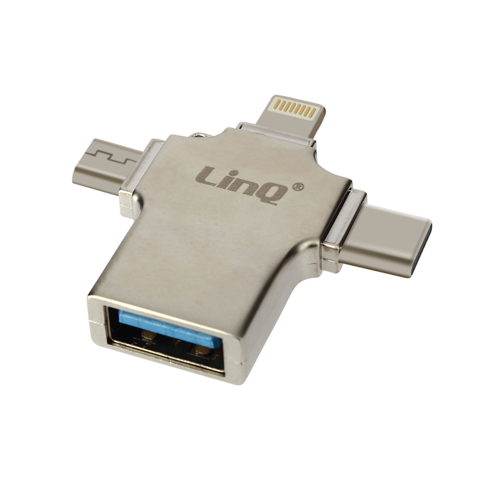 Adaptateur multi-ports argenté. Connecteurs USB, USB-C et Lightning visibles. Fond blanc.
