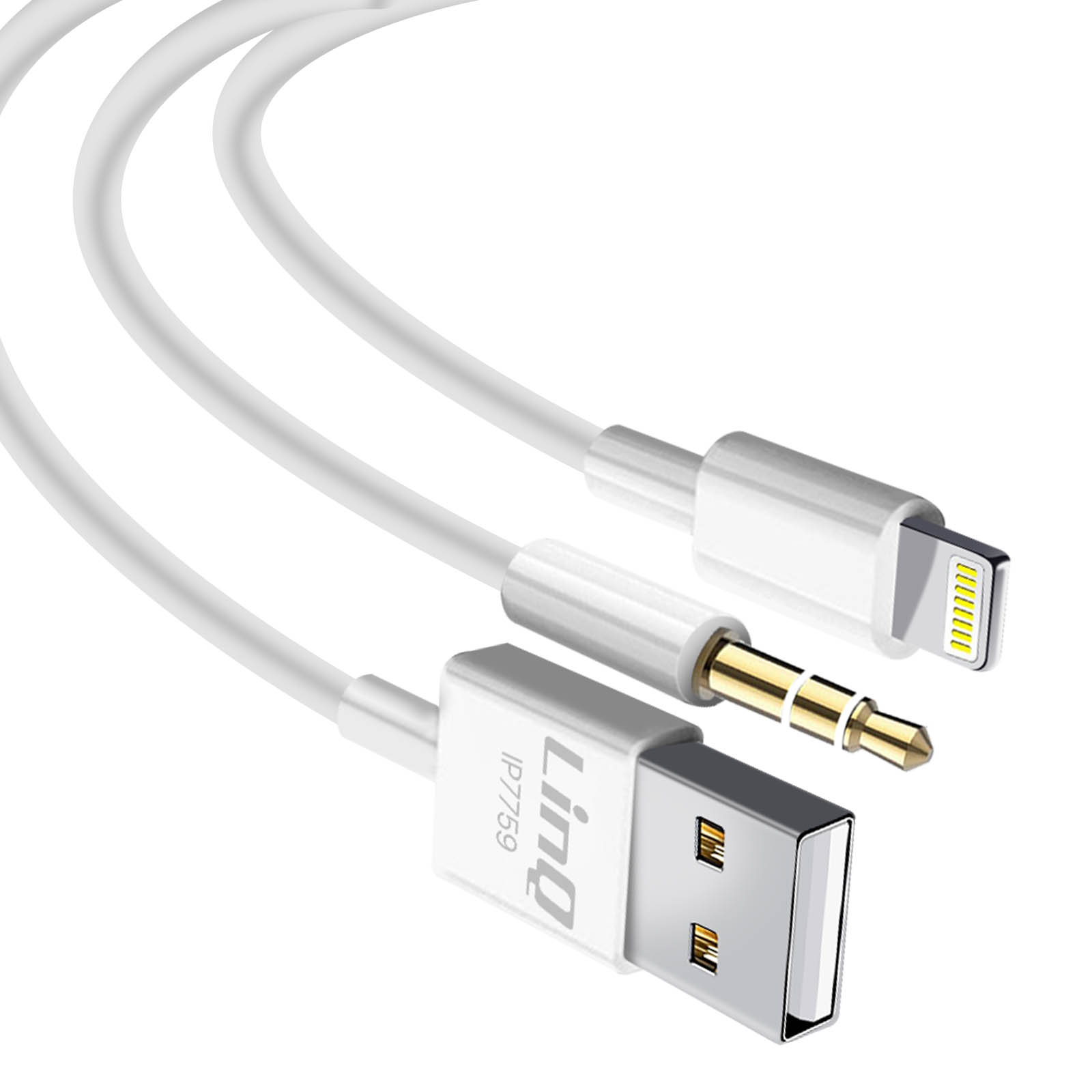 Weißes Audiokabel mit Lightning-, 3,5-mm-Klinken- und USB-Anschlüssen. Weißer Hintergrund.