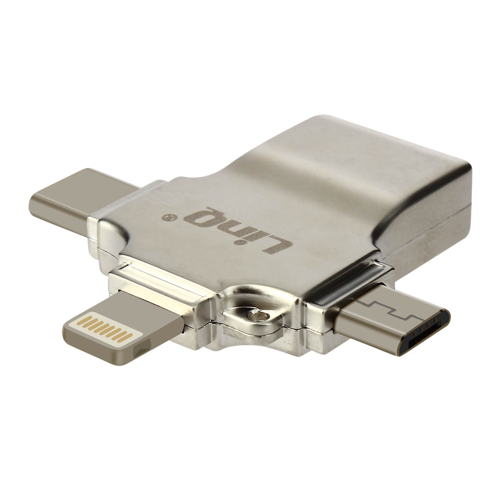 Un adaptateur multi-connecteur argenté avec des connexions Lightning, USB-C et micro USB.