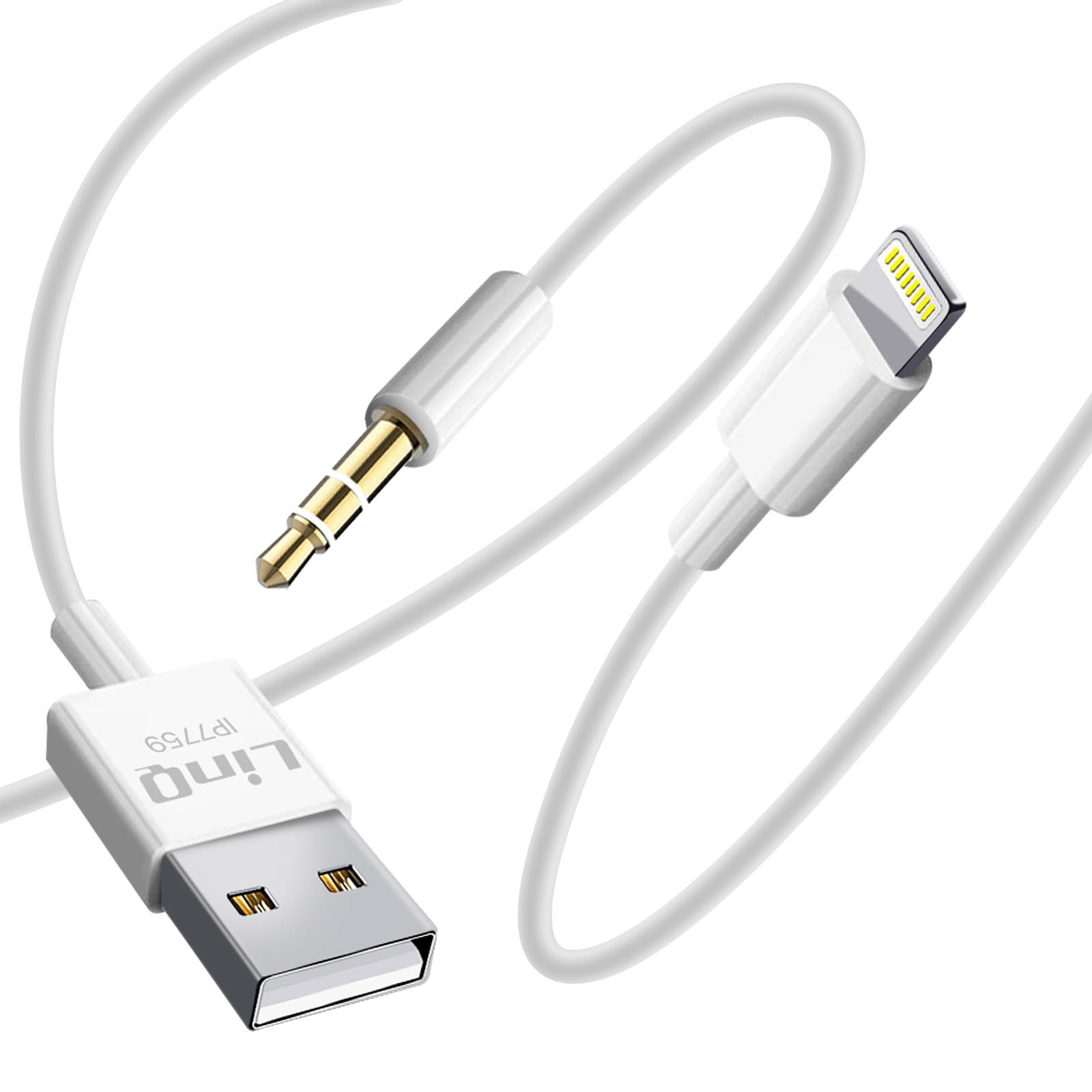 Ein weißes USB-auf-Lightning/3,5-mm-Audiokabel mit weißen Anschlüssen und schwarzem Text.