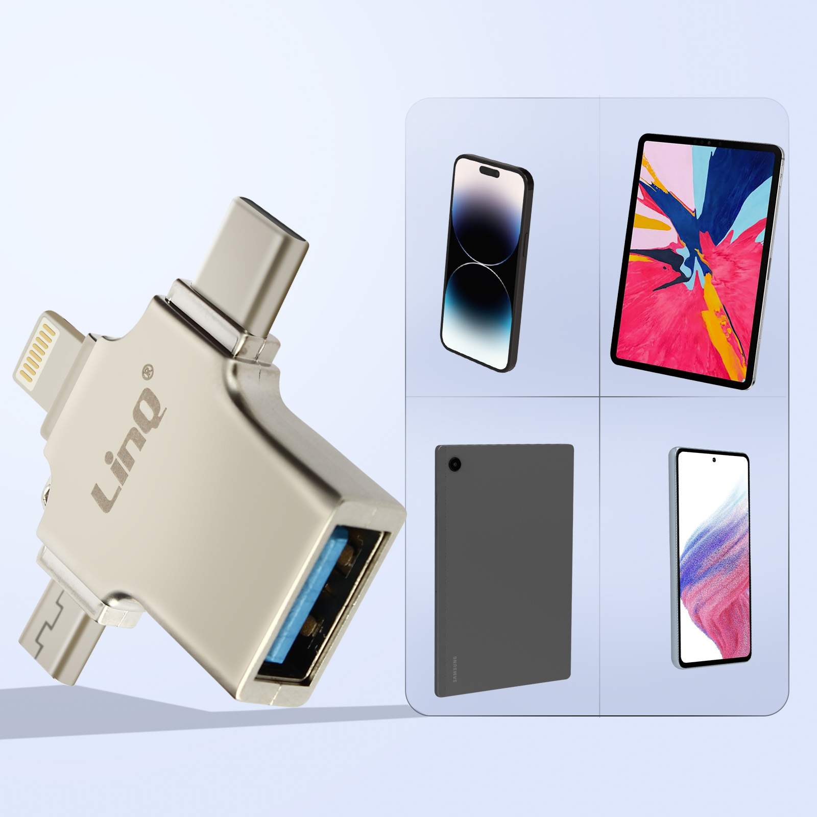 Un adaptateur USB-C argenté avec plusieurs ports et des illustrations d'appareils.