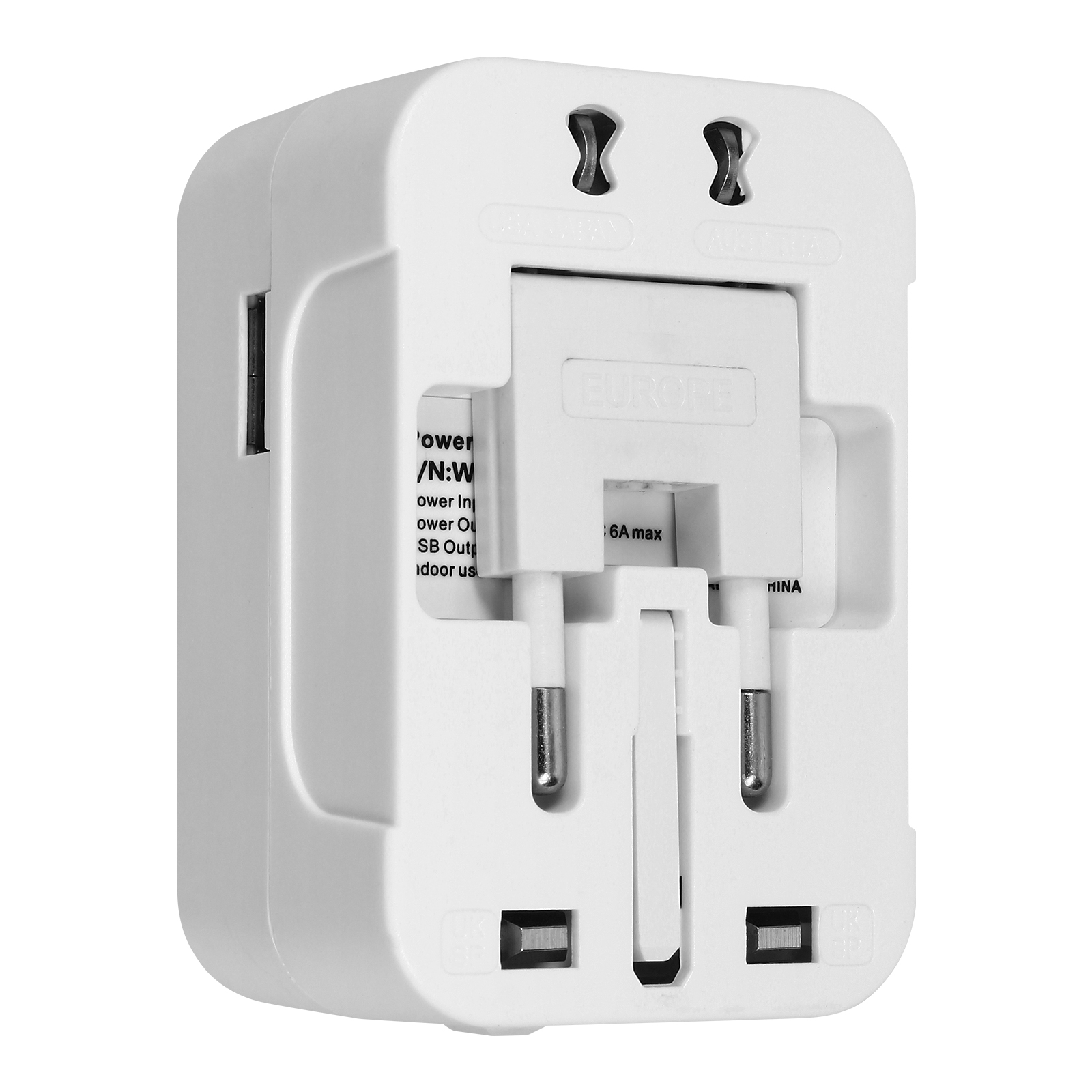 Adattatore da viaggio europeo bianco con due spine e due porte USB, vista posteriore.