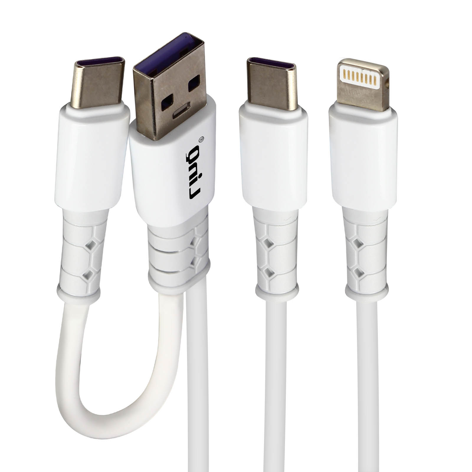Weiße Ladekabel mit verschiedenen Anschlüssen.