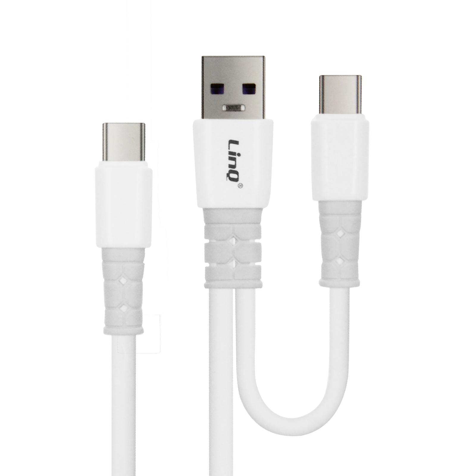 Cavi USB bianchi con connettori diversi. Il cavo ha il logo 'Linq'. Sfondo bianco semplice.