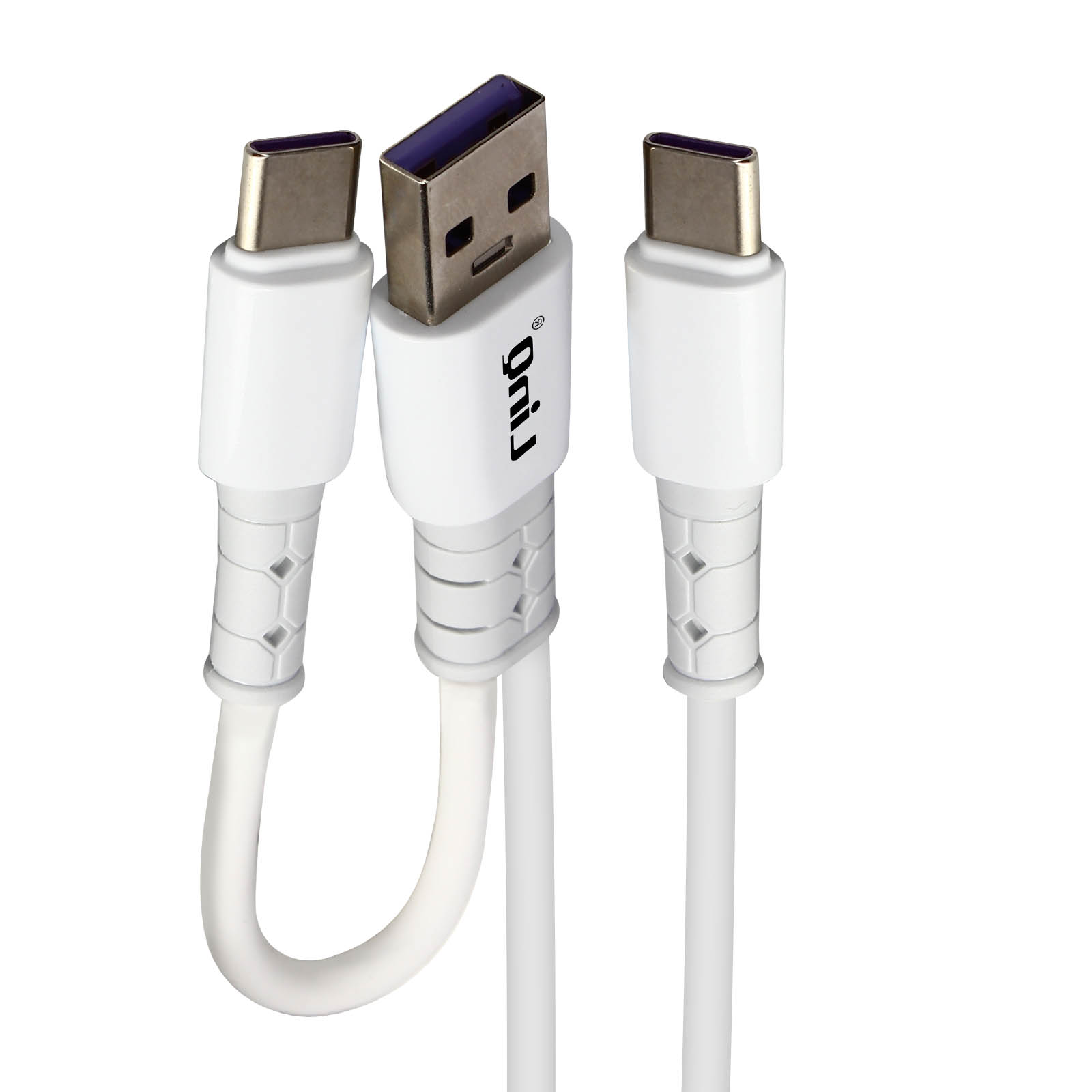 Tre cavi USB bianchi. Due sono di tipo C e uno di tipo A.