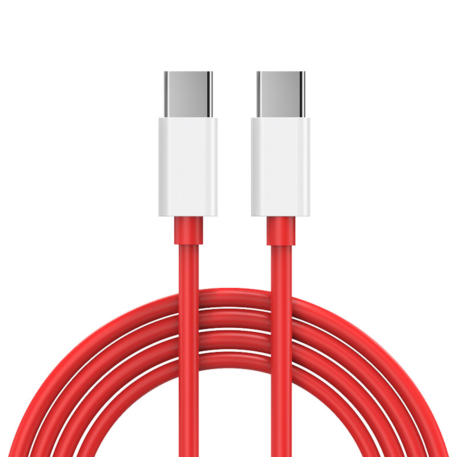 Rotes USB-C-Ladekabel, zwei Anschlüsse nebeneinander, isoliert auf weißem Hintergrund.