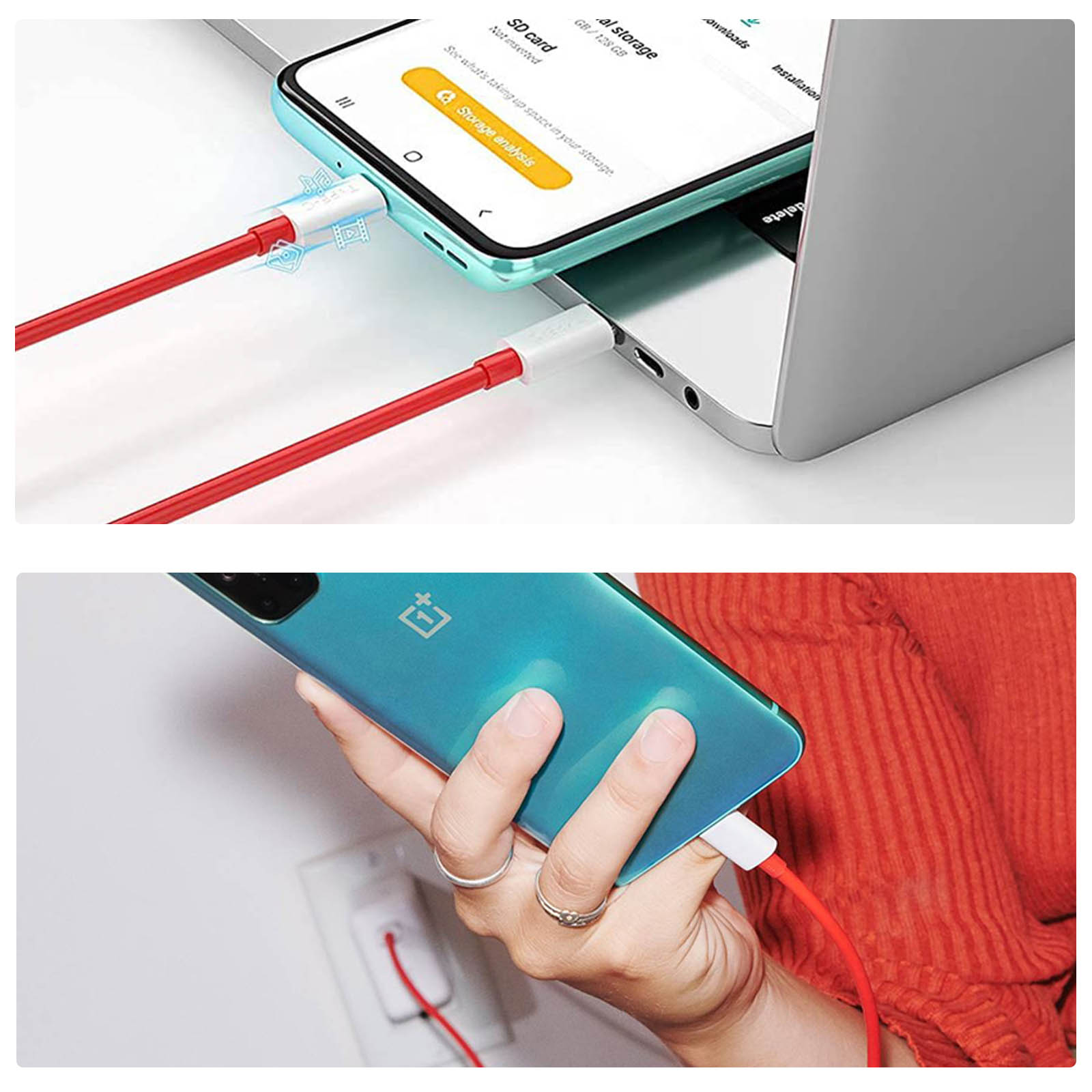 Zwei Bilder, die ein mit einem Ladegerät verbundenes Telefon zeigen. Das Ladegerät ist rot und weiß.