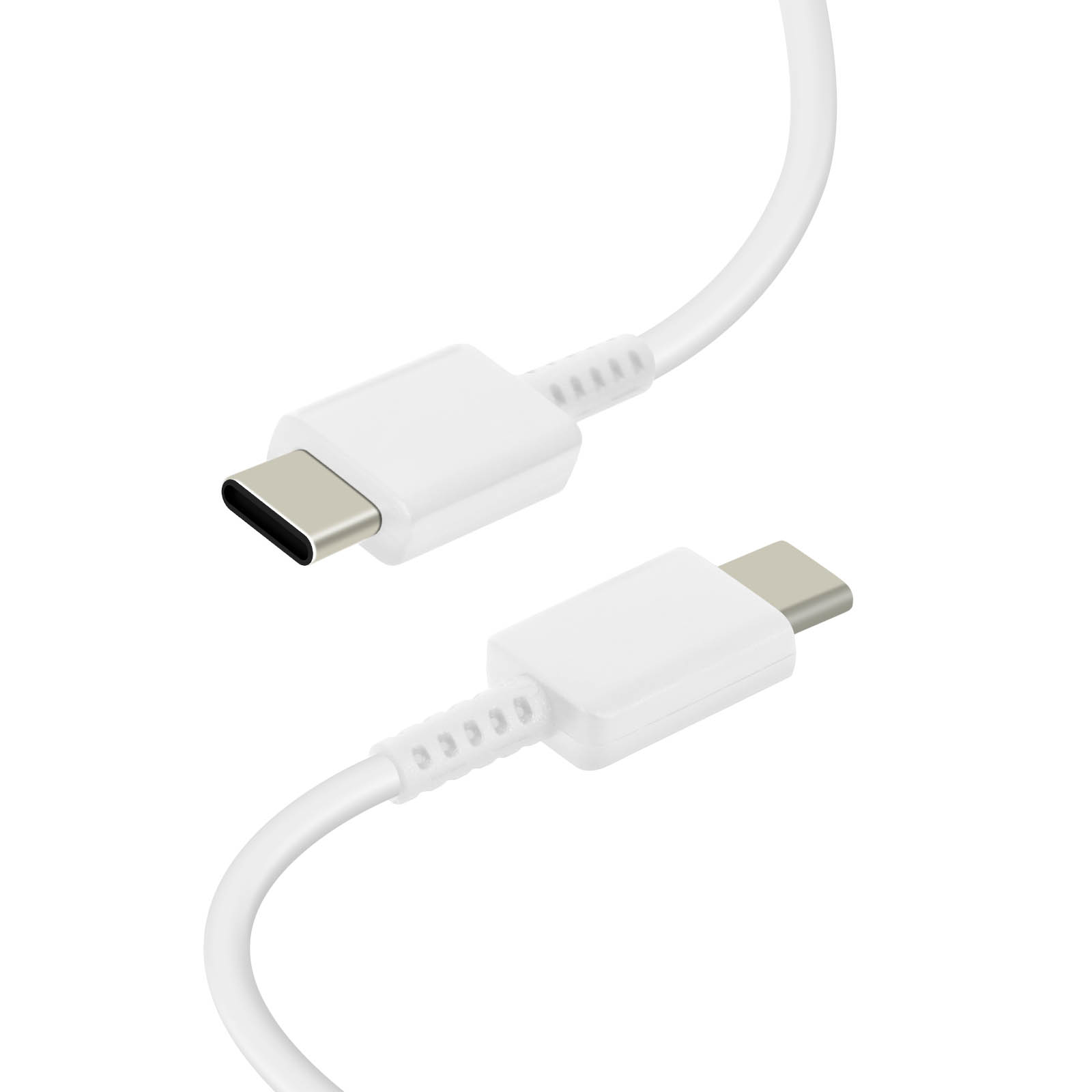 Cavi USB-C bianchi con connettori ad ogni estremità, su sfondo bianco. Primo piano.