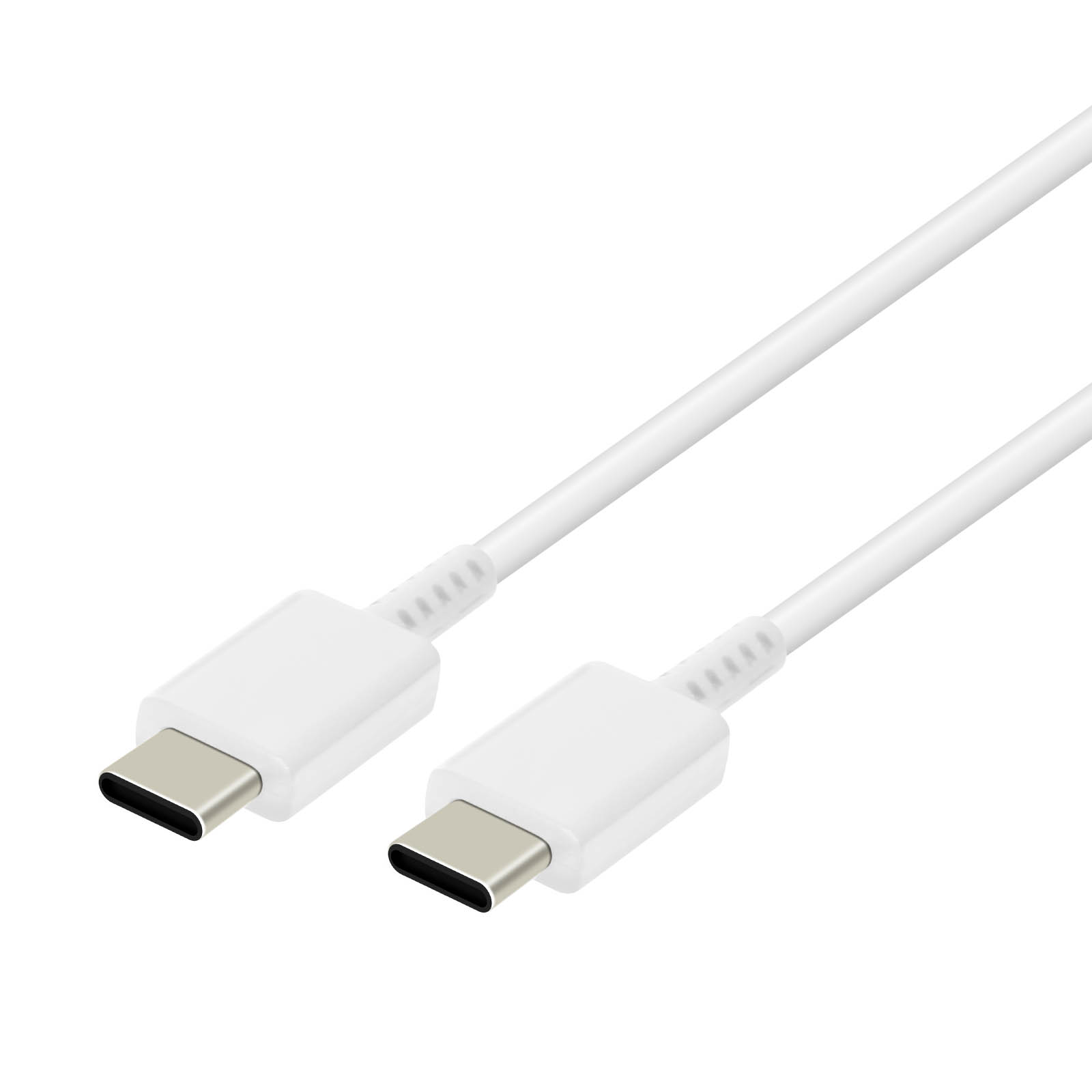 Cavo USB-C bianco con due connettori. Connettori con terminali argentati e alloggiamenti bianchi.