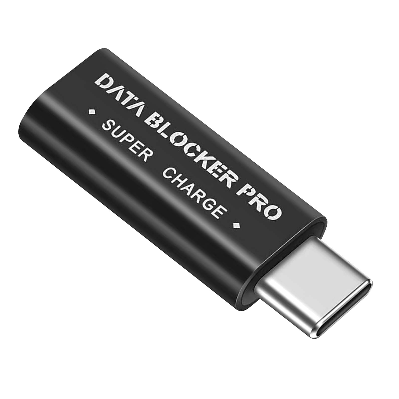 Un blocco dati nero con testo 'DATA BLOCKER PRO SUPER CHARGE' e connettore USB-C.