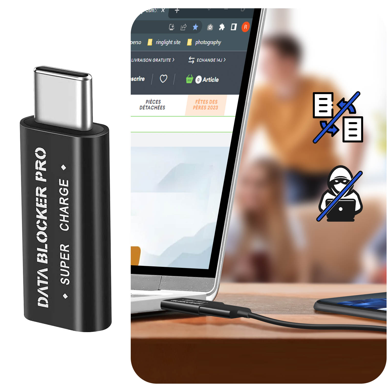 Un data blocker USB-C nero pro, collegato a un laptop. Lo sfondo sfocato mostra un sito web.