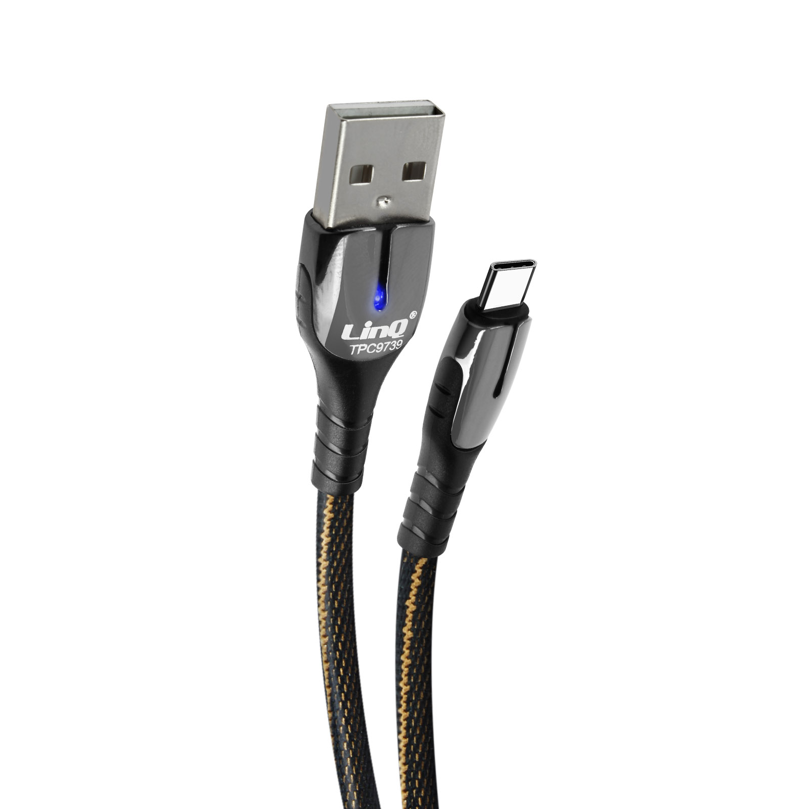 Ein schwarz-goldenes USB-zu-USB-C-Ladekabel auf weißem Hintergrund.