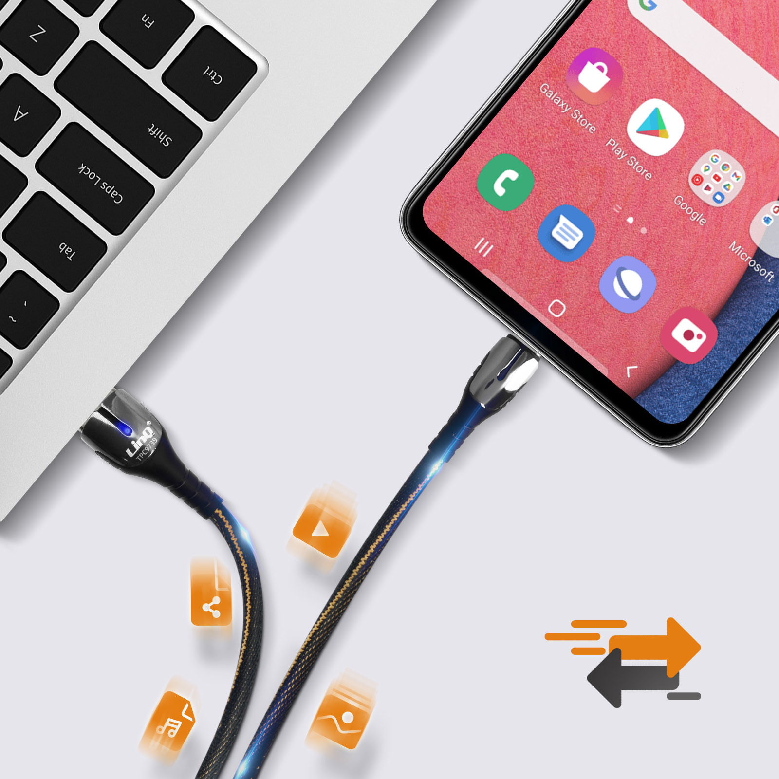 Ein Telefon, das mit einem blauen und schwarzen Kabel mit einem Laptop verbunden ist. Orangefarbene Symbole auf dem Bildschirm.