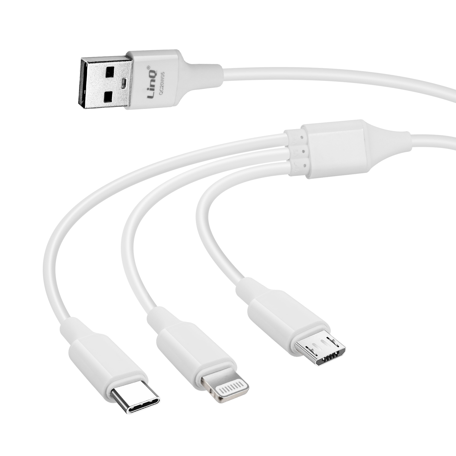 Weißes Ladekabel mit drei verschiedenen Steckern. Ein USB-Anschluss und drei weitere Anschlüsse.