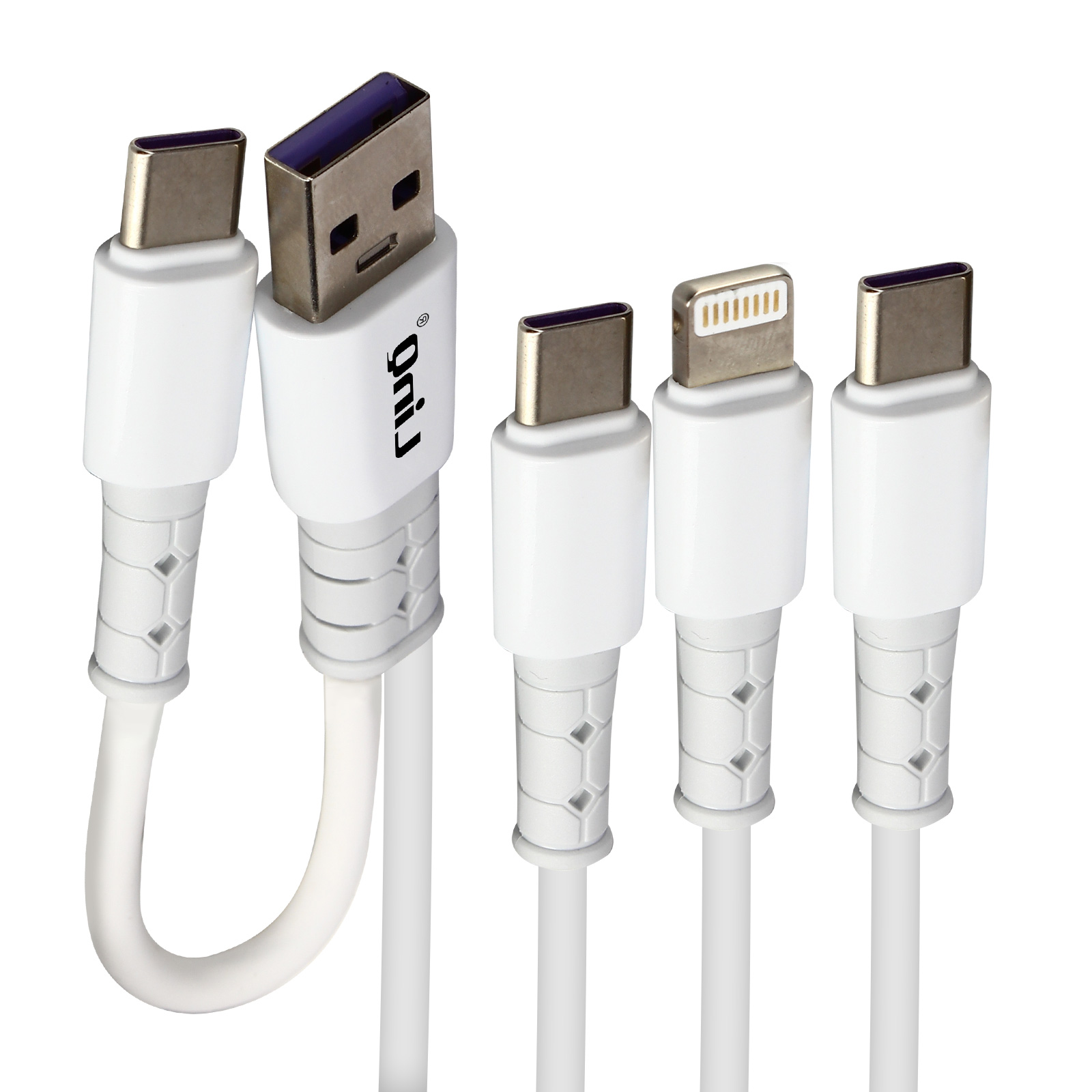 Mehrere weiße Ladekabel mit verschiedenen Anschlüssen. Ein USB-A, ein USB-C, ein Lightning und zwei USB-C.