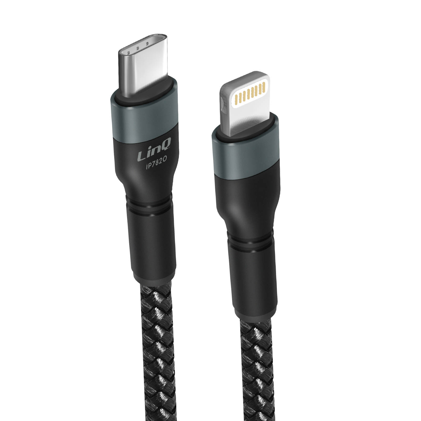 Schwarzes USB-C-zu-Lightning-Kabel. Es hat ein geflochtenes Design und einen dunkelgrauen Stecker.