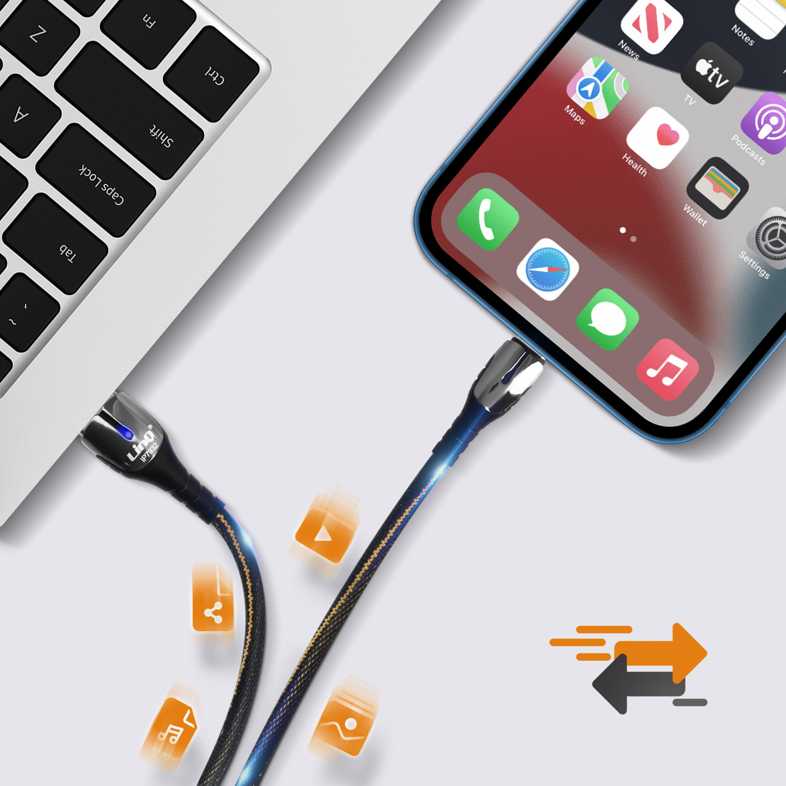 Ein Telefon ist mit einem Laptop über ein USB-Kabel mit animierten Symbolen verbunden.