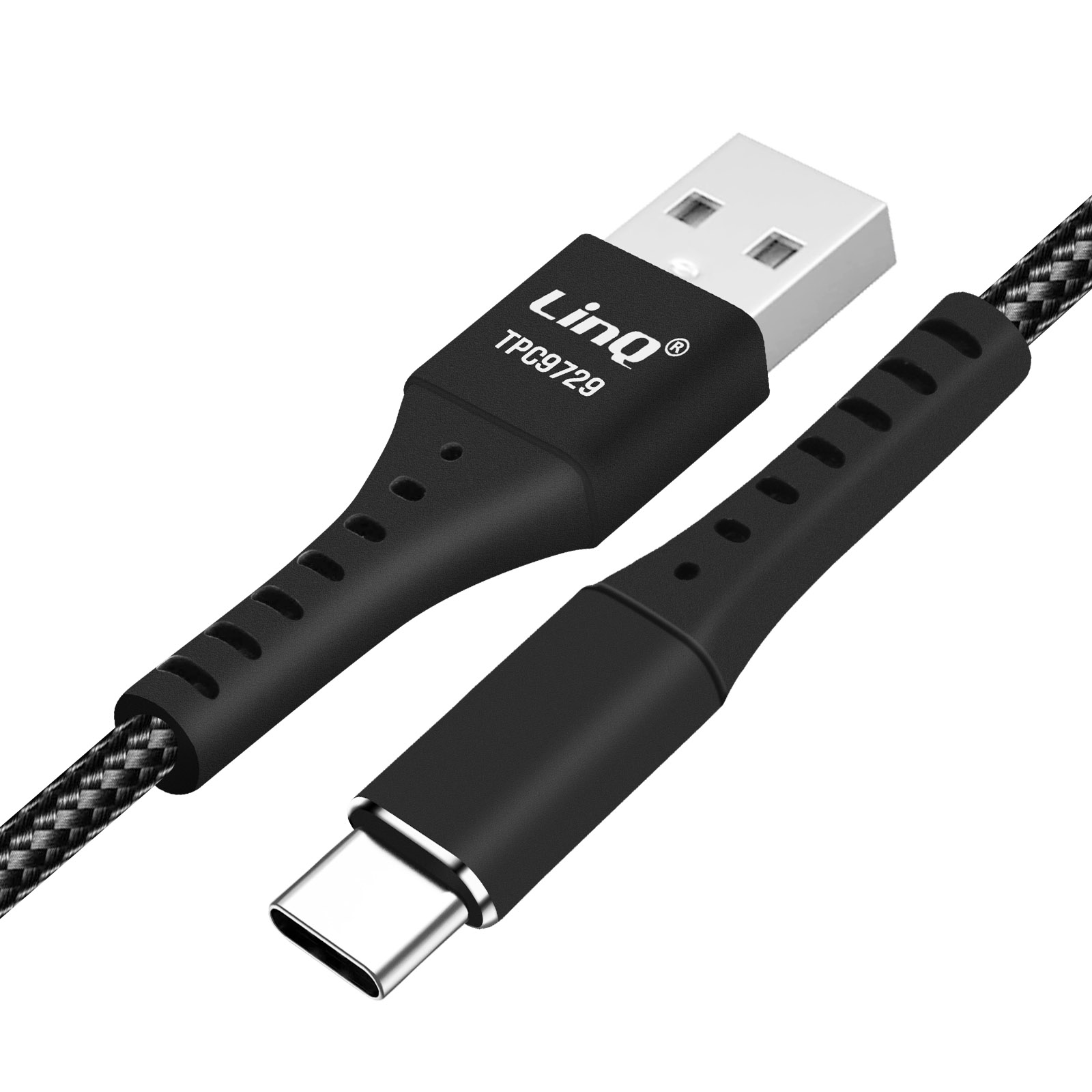 Cavo USB nero con connettori neri e grigi, su sfondo bianco.