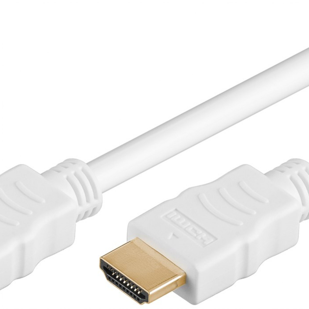 Weißes HDMI-Kabel mit Steckern. Goldfarbenes Steckerende. Weißer Hintergrund.