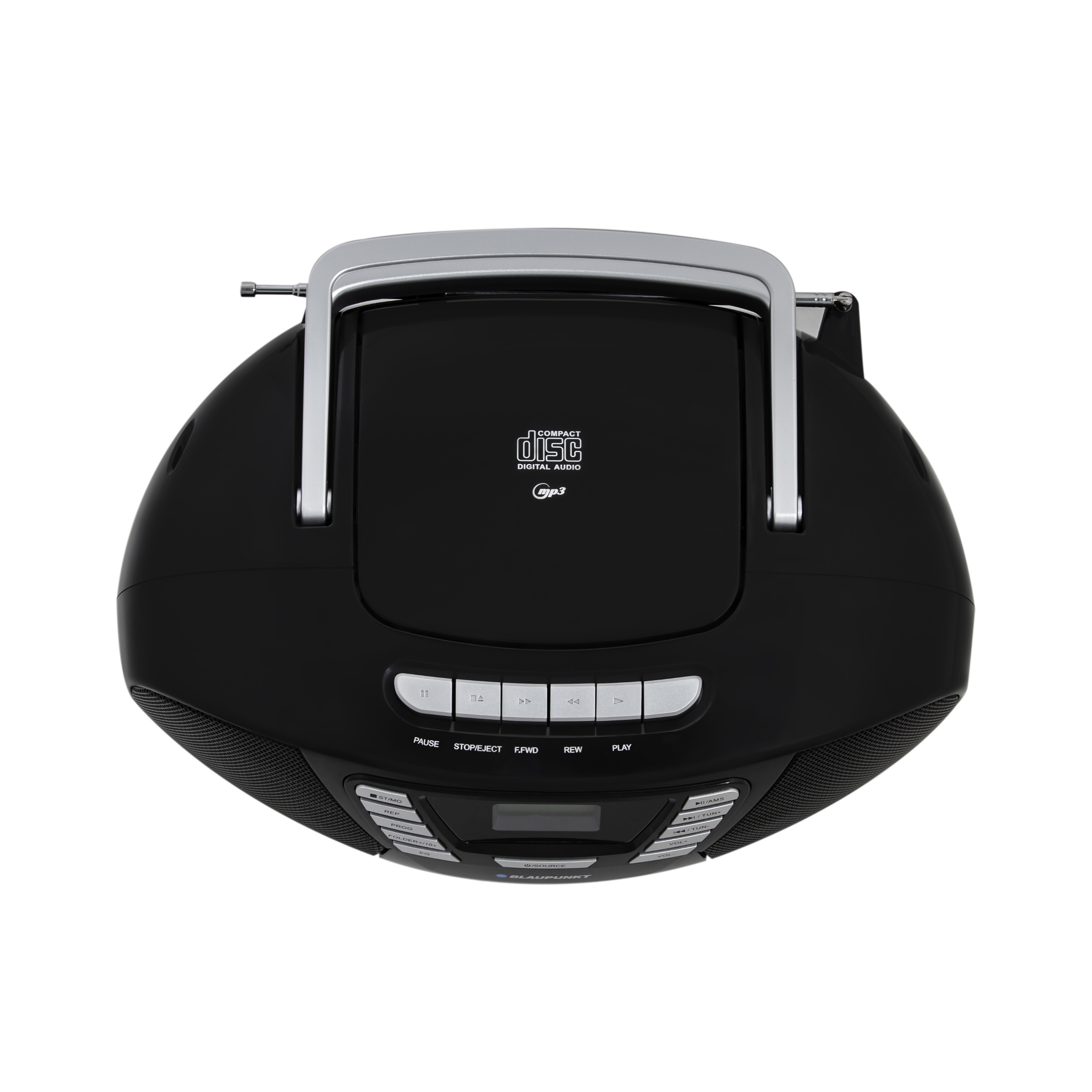 Lettore CD Blaupunkt nero. Maniglia e pulsanti argentati. Logo Compact Disc. Su sfondo bianco.