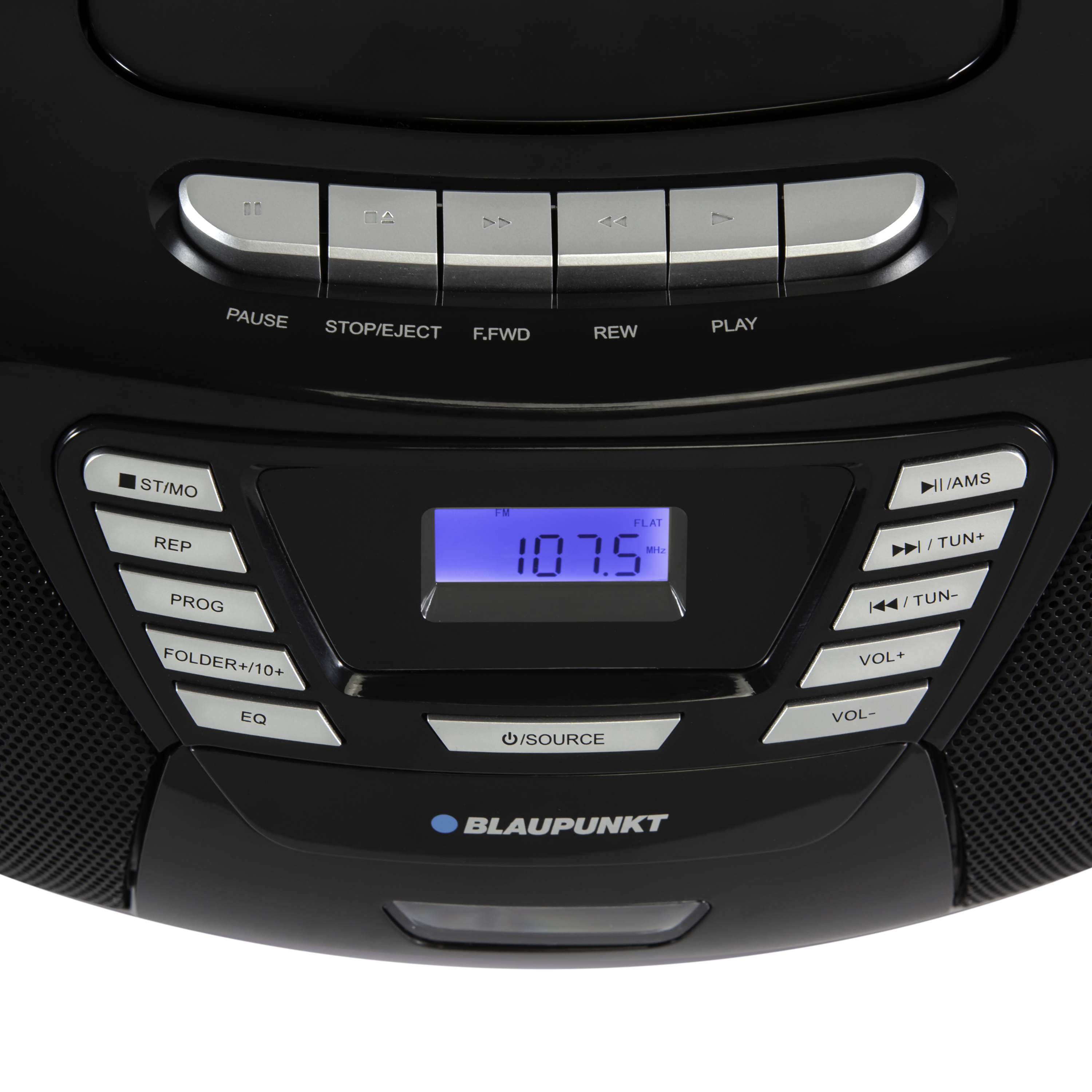 Impianto stereo nero con pulsanti. Visualizza la frequenza radio. Il marchio è Blaupunkt.