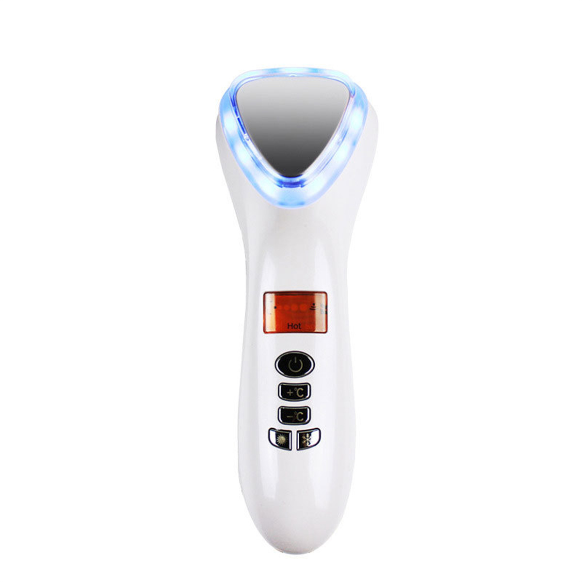 Weißes Gesichtsmassagegerät mit blauem Licht und kleinem Display. Es hat Knöpfe zur Temperaturregelung.