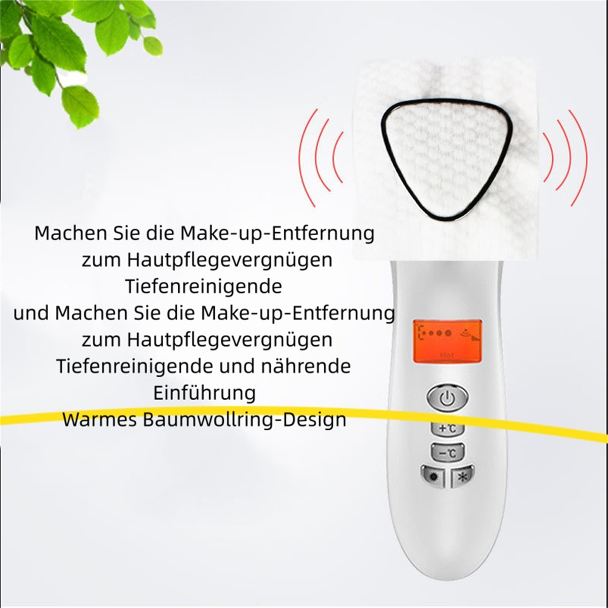 Ein weißes Gesichtsreinigungsgerät mit einem Wattepad und einem roten Display.