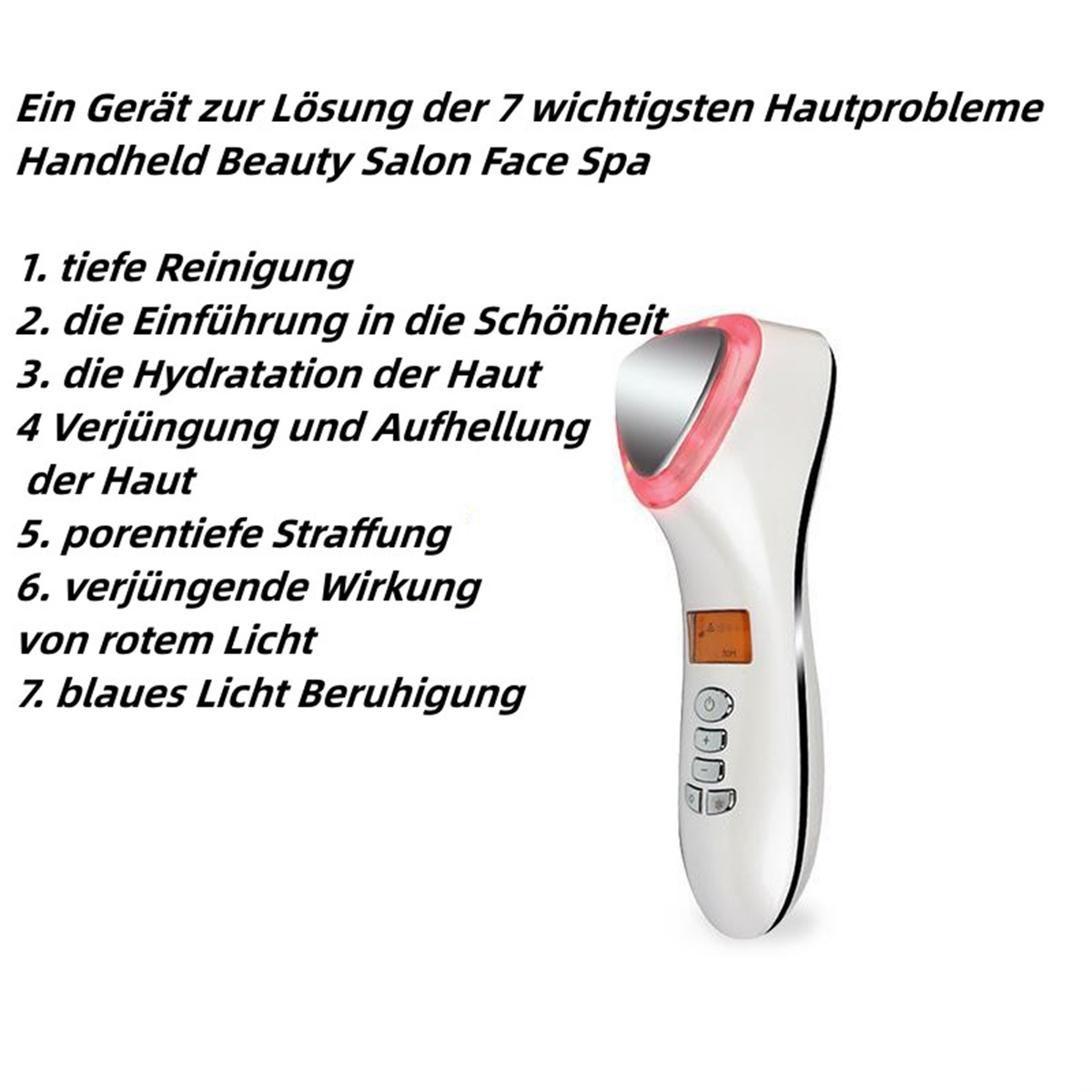 Ein weißes Hand-Schönheitsgerät mit rotem Licht, Text auf Deutsch, auf weißem Hintergrund.