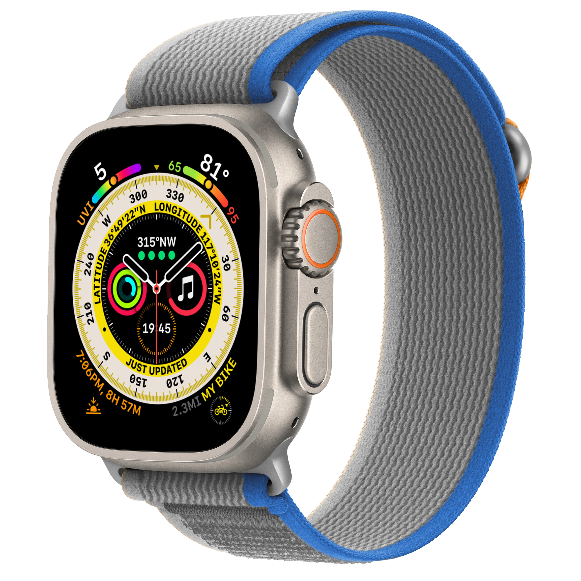 Silberne Smartwatch mit grau-blauem Armband. Zifferblatt zeigt Zeit, Daten und Metriken.