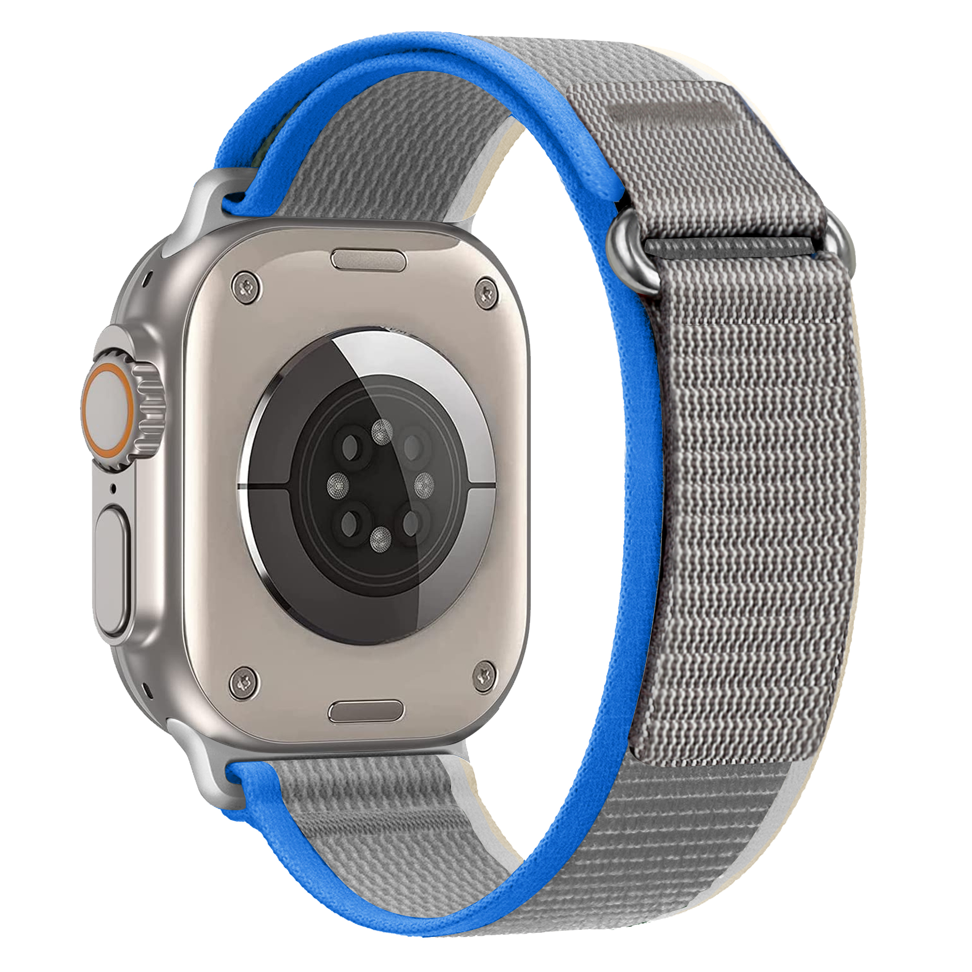 Silberne Smartwatch mit grau-blauem Band. Die Rückseite zeigt Sensoren. Das Band umschließt die Uhr.
