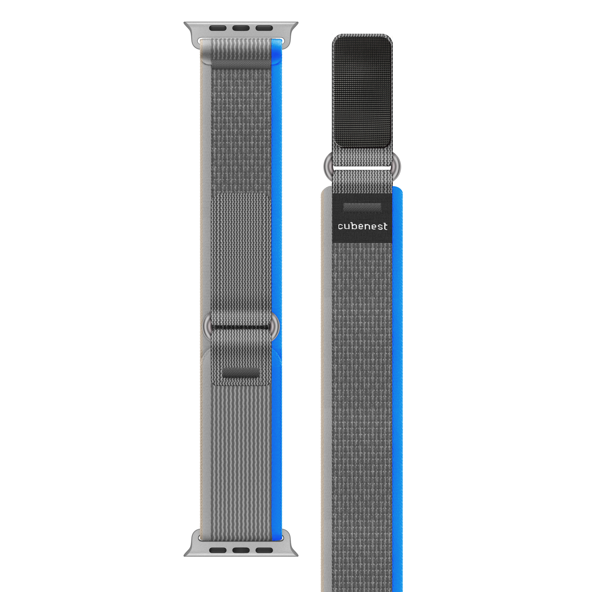 Zwei Uhrenarmbänder. Graues Armband mit blauem Streifen. Das andere hat ein schwarzes Band.