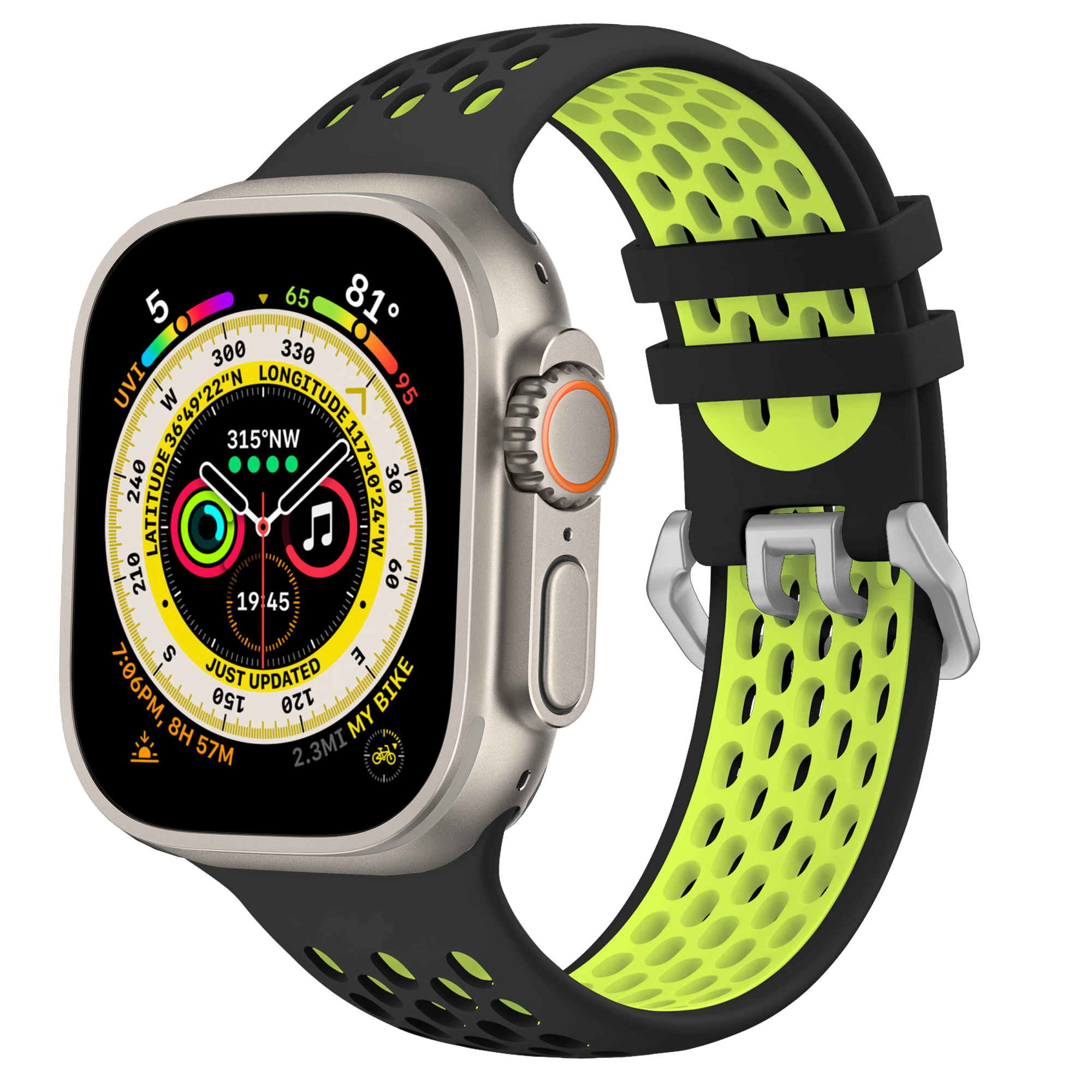 Smartwatch mit schwarz-limettgrünem Armband, zeigt Daten auf dem Bildschirm, isoliert auf Weiß.