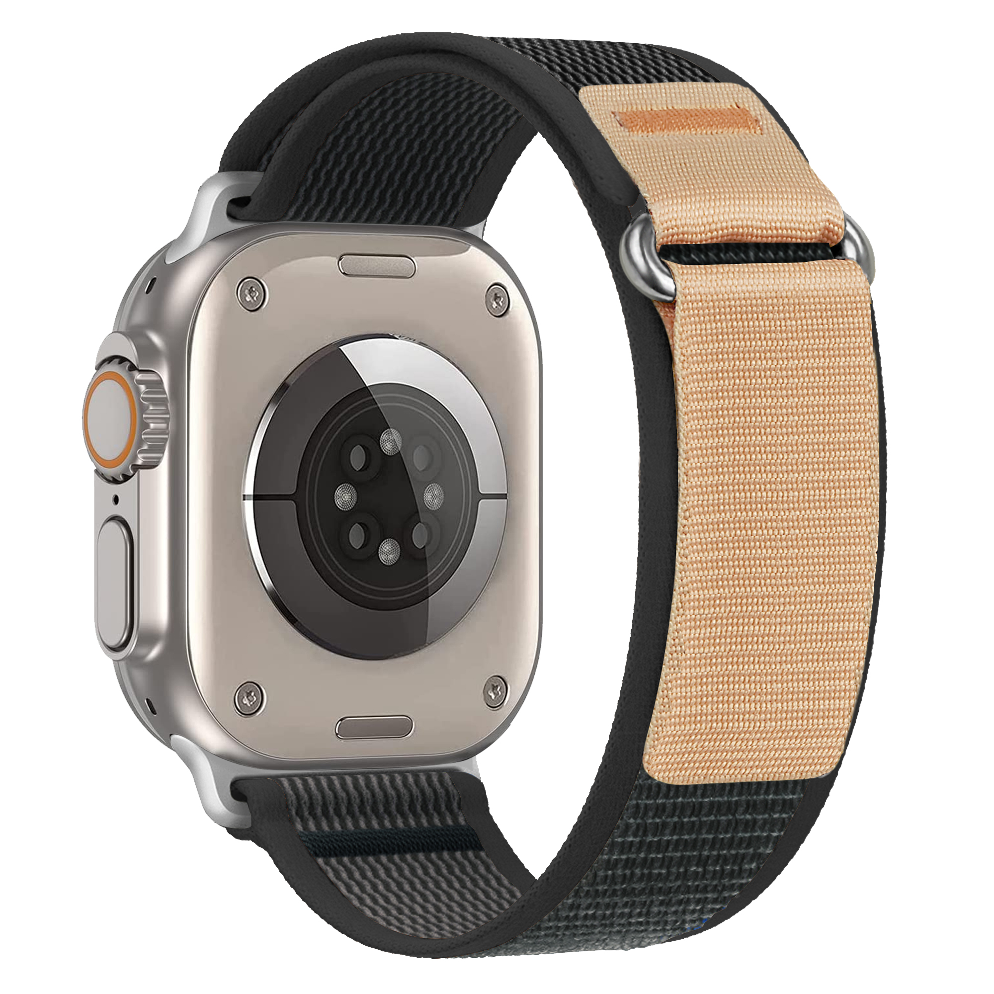Silberne Apple Watch Ultra mit beigem und schwarzem Stoffarmband.