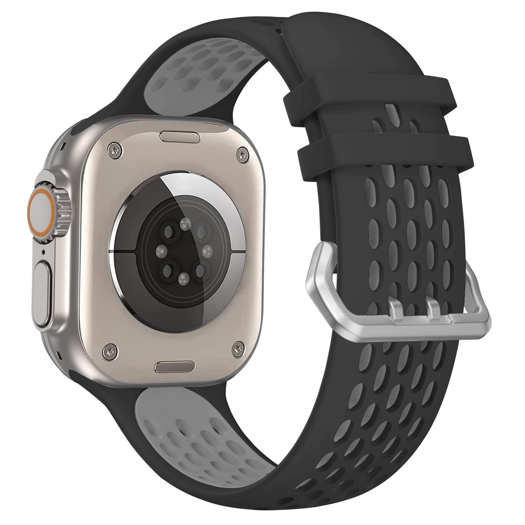 Eine Smartwatch mit silbernem Gehäuse und einem schwarz-grauen Armband, mit der Rückseite nach oben liegend.