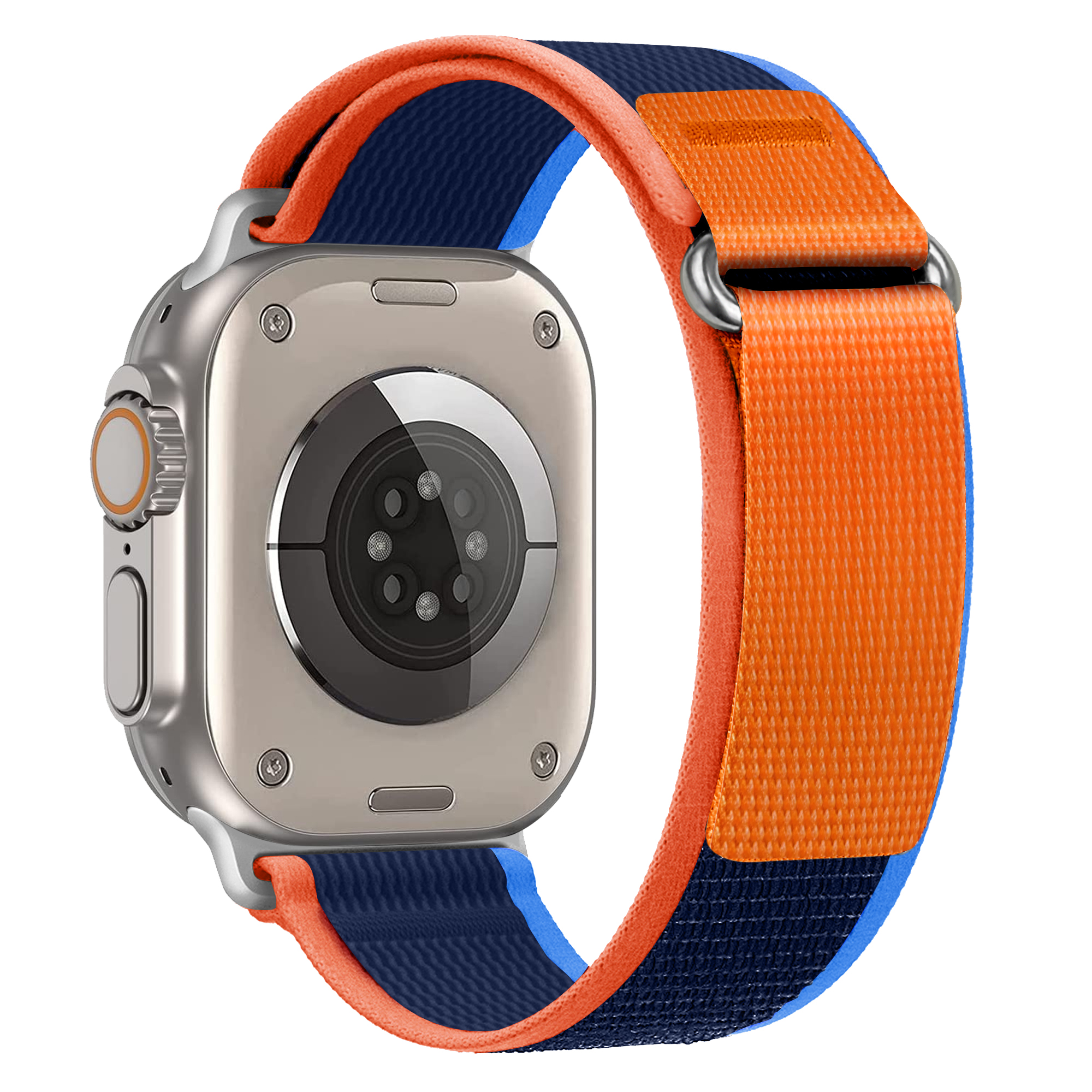 Apple Watch mit einem orange-blauen Armband. Die Rückseite zeigt die Sensoren.