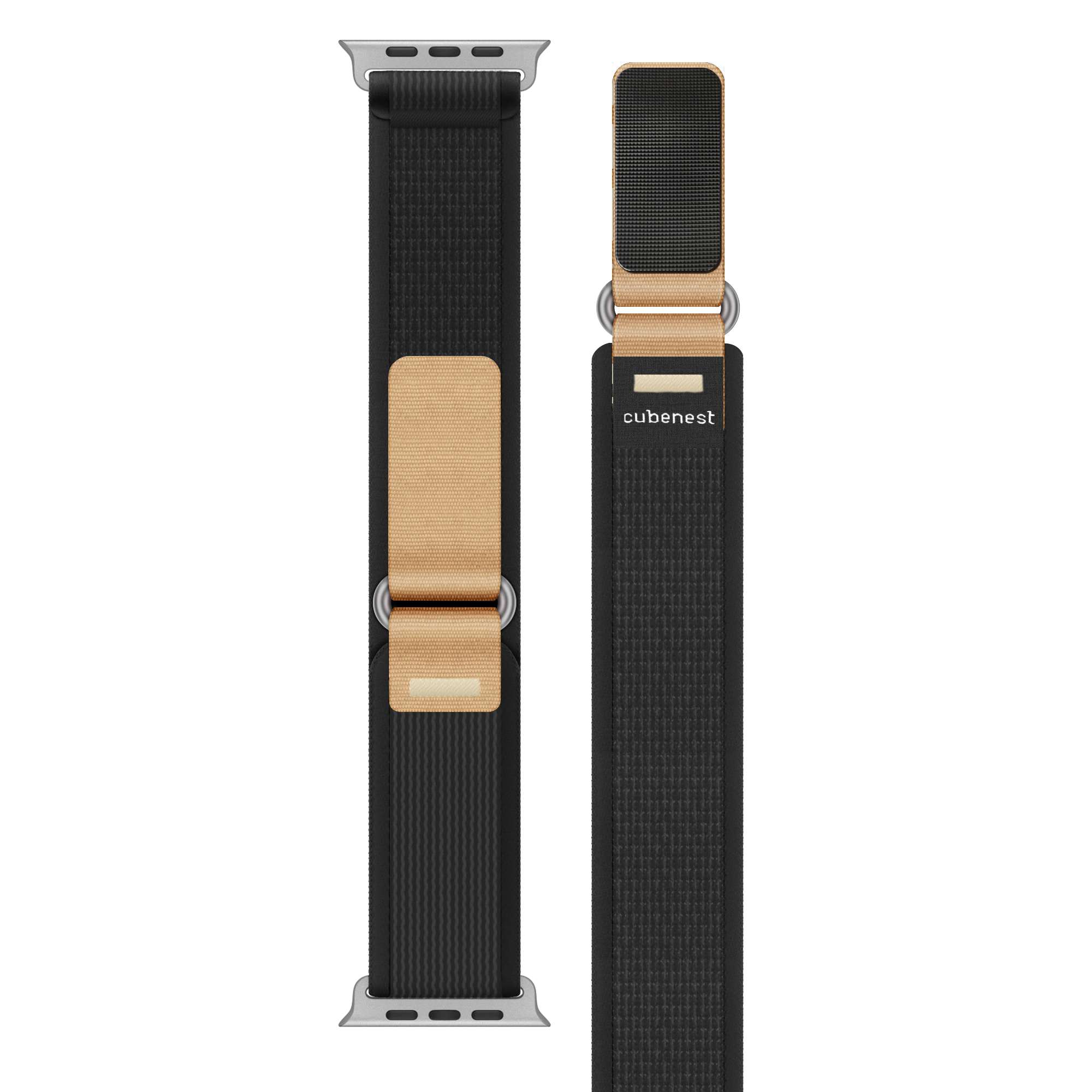 Apple Watch Armband. Schwarz und Beige. Zwei Teile gezeigt.