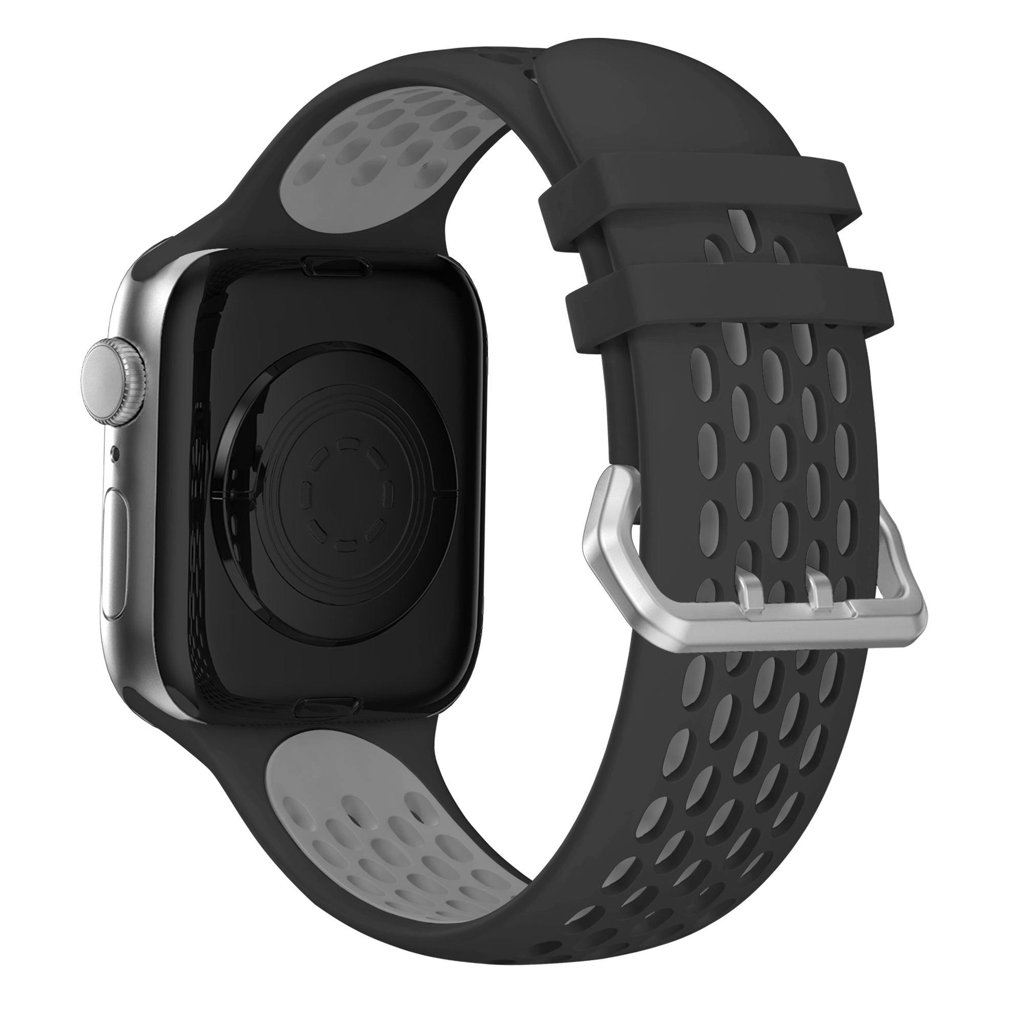 Schwarzes und graues Armband an einer schwarzen Uhr. Das Band hat Löcher.