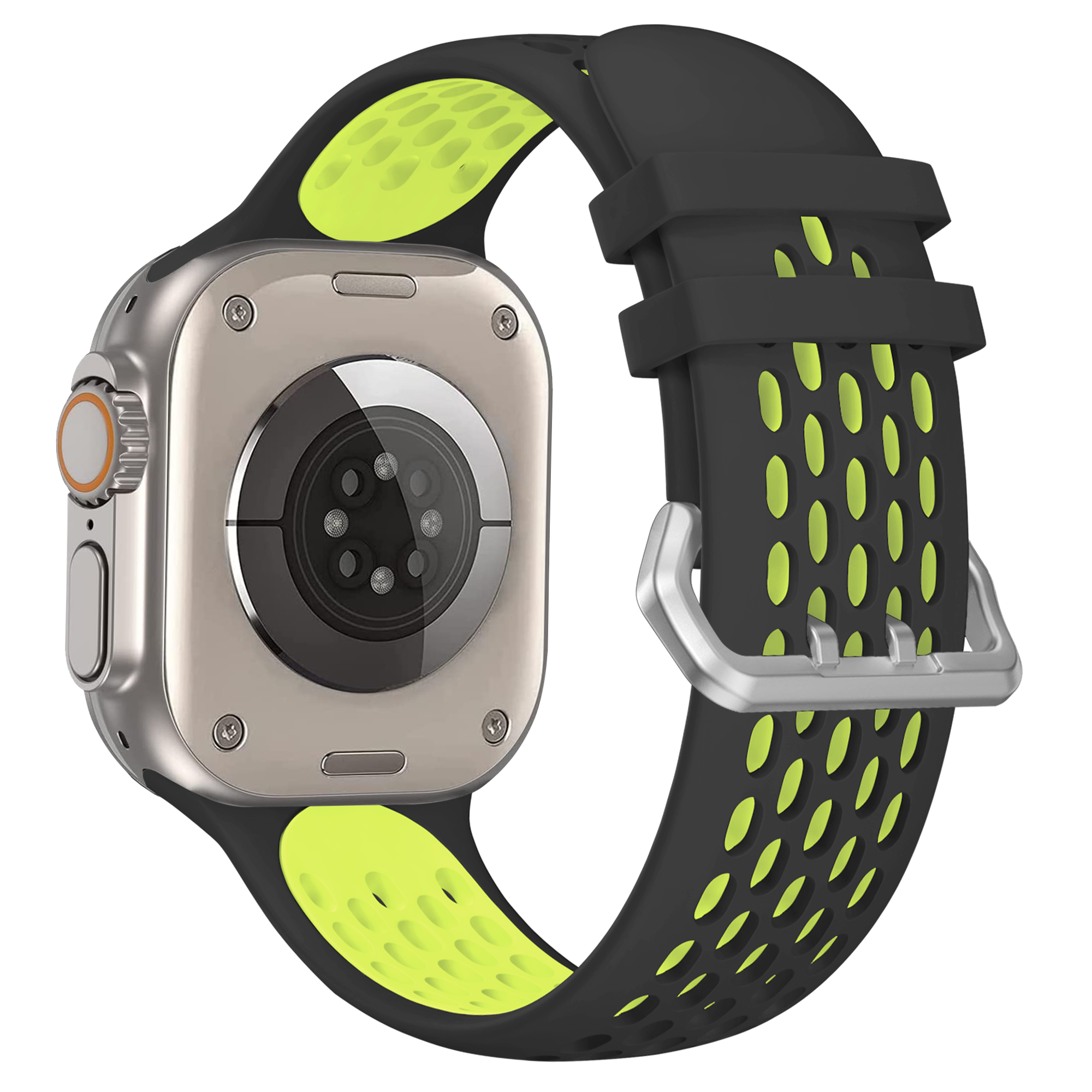 Silberne Smartwatch mit einem schwarz-gelben Armband. Das Armband hat ein perforiertes Muster.