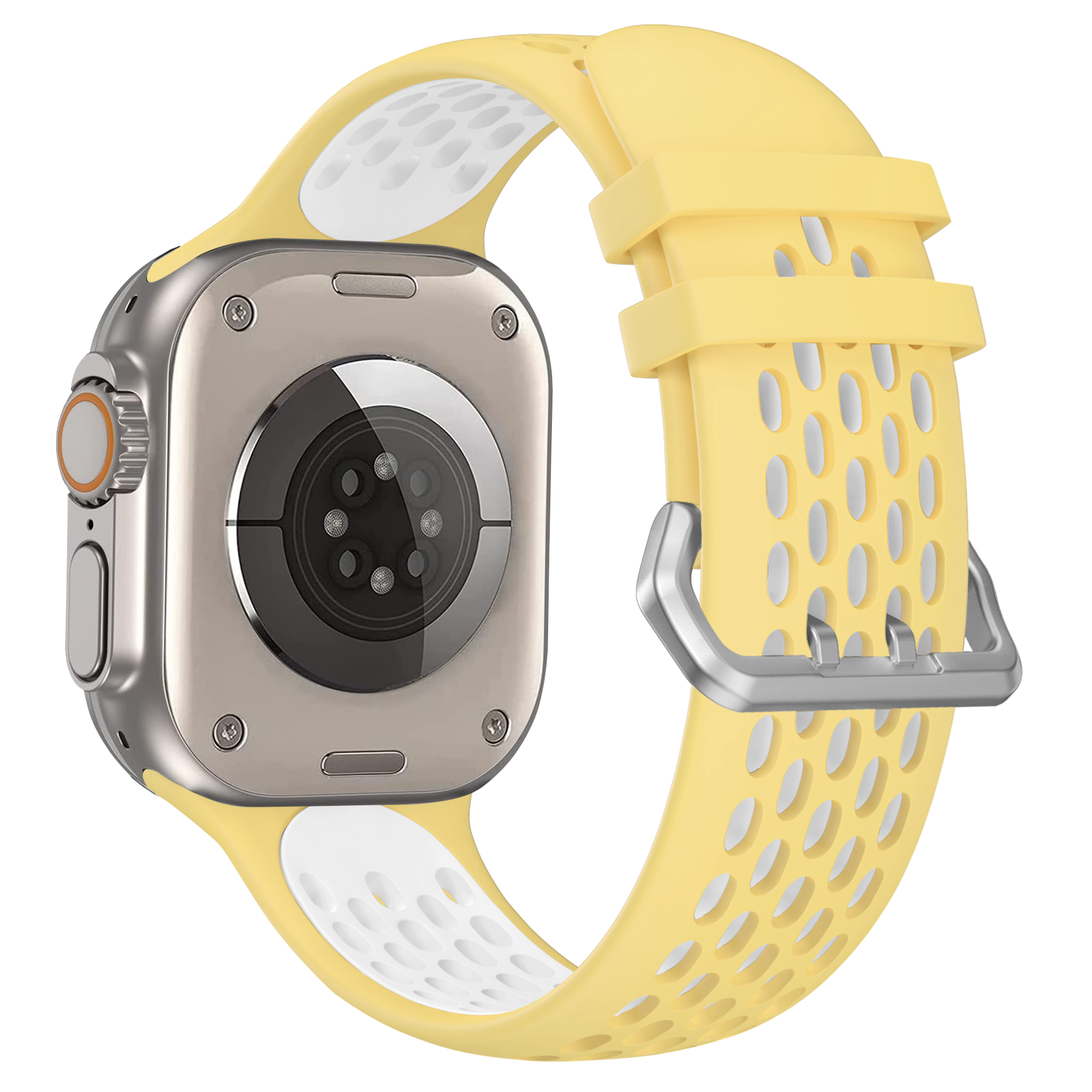 Ein gelbes Apple Watch-Armband, das an einer silbernen Apple Watch befestigt ist, zeigt die Rückseite.